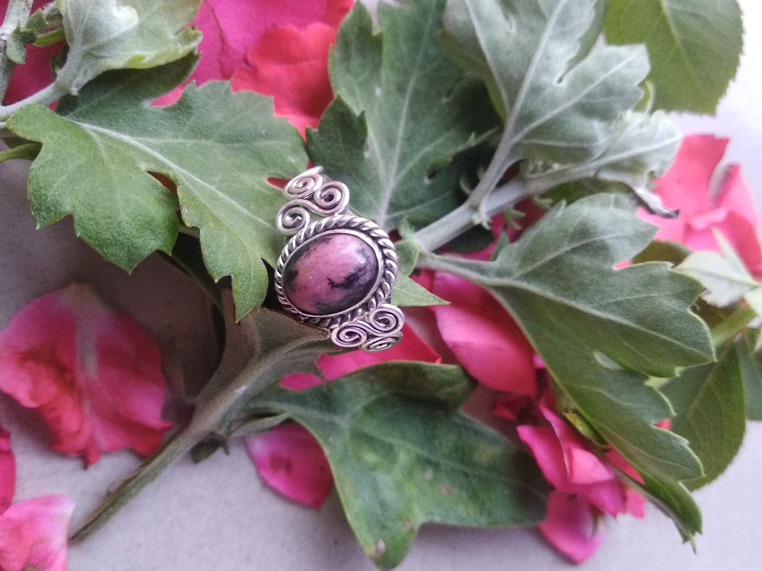 Rhodonite Ring for Women - 925 Sterling Silver Promise Ring, Boho Jewelry, Cabochon Statement Ring | Handmade Anniversary Gift, Unique Stackable Jewelry for Her | Perfect for Date Nights, Weddings & Special Occasions