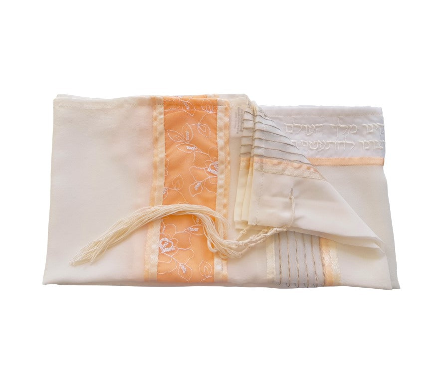 Floral Apricot Peach Embroidered Women's Tallit Shawl - Elegant Bat Mitzvah Prayer Set for Girls & Women - Perfect for Synagogue Services, Jewish Ceremonies & Special Occasions
