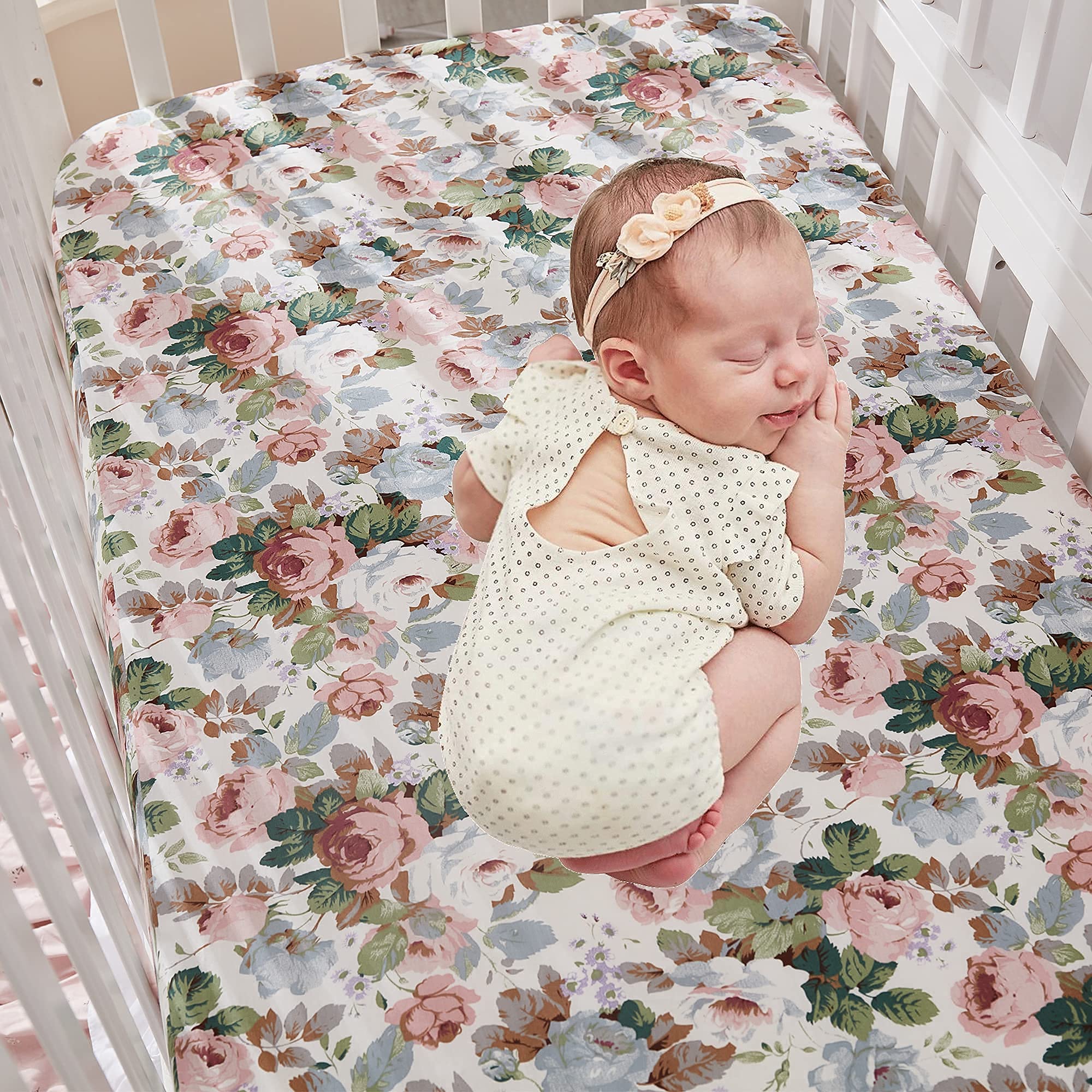 Brandream French Country Garden Floral 3-Piece Baby Crib Bedding Set - Ruffled Quilt, Fitted Sheet & Skirt in White, Blush Pink & Green | Perfect for Girls Nursery Decor & Baby Shower Gifts