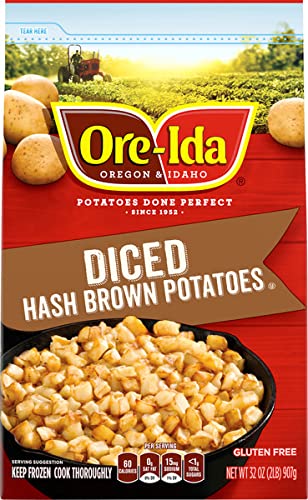 Ore-Ida Diced Hash Brown Potatoes - Gluten Free, Kosher Certified - Crispy Golden Frozen Potatoes - 60 Calories per Serving - 8 Pack (32oz Each) - Perfect for Breakfast, Brunch & Family Meals