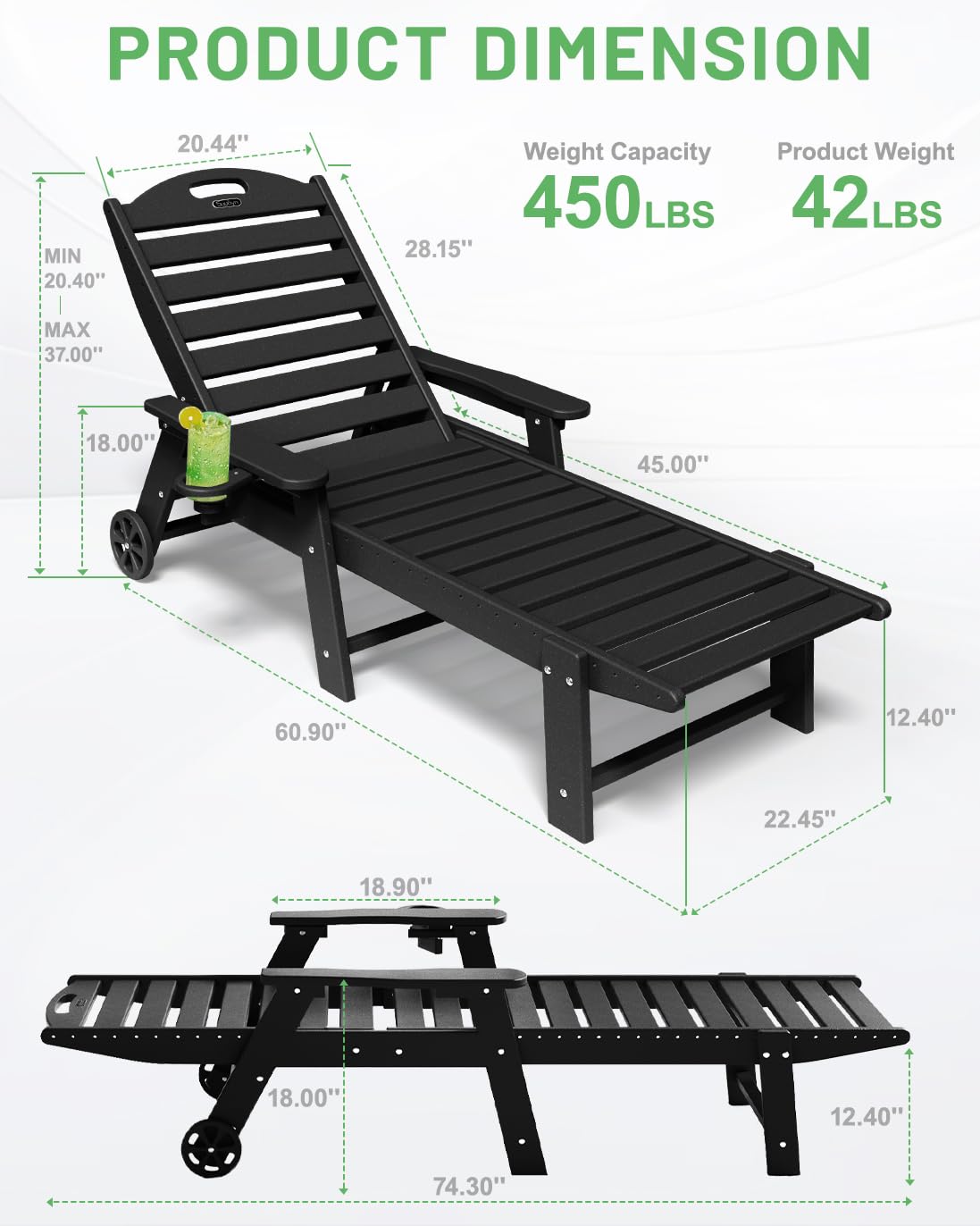6-Position Adjustable HDPE Outdoor Chaise Lounge Chair with Wheels & Cup Holder - Patio, Poolside, Deck & Backyard Relaxation - Black