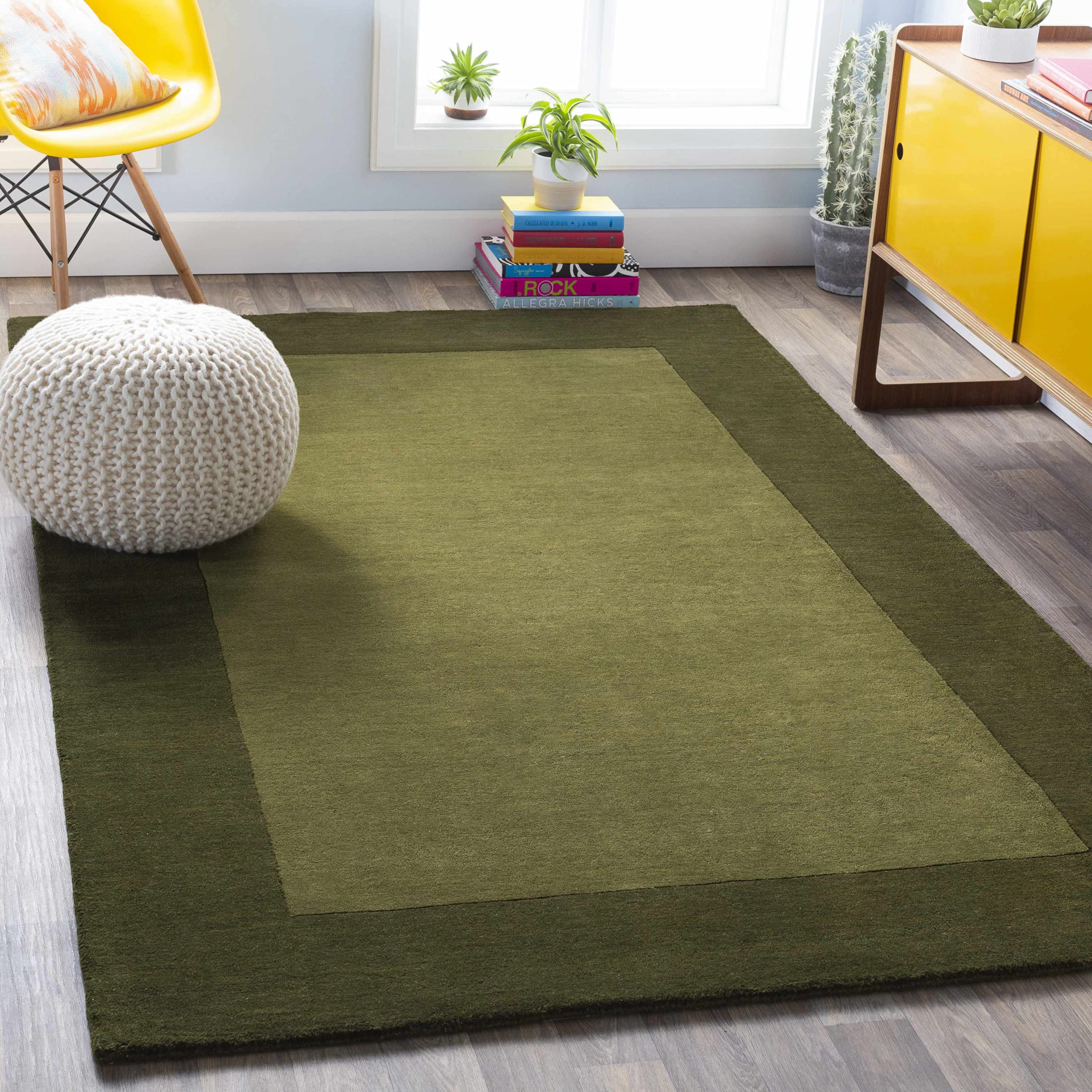 Premium Hauteloom Cylinder Wool Area Rug for Living Room & Bedroom - Solid Green with Border - Soft & Durable 5' x 8' - Perfect for Cozy Home Decor, Family Gatherings & Relaxation