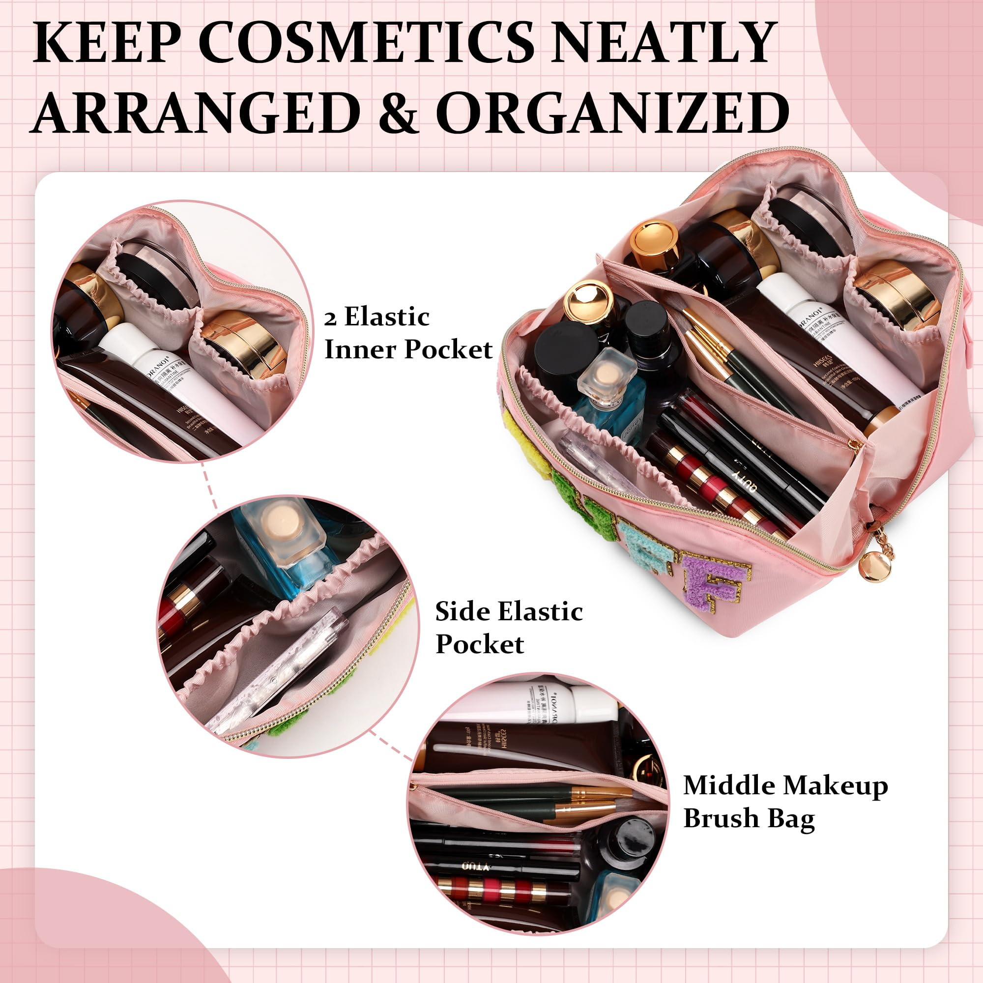 Stoney Clover Preppy Makeup Bag - Large Capacity Travel Cosmetic Organizer with Chenille Letters | Pink Nylon Makeup Pouch for Girls & Women | Perfect for Travel, Gym, School & Daily Essentials Storage