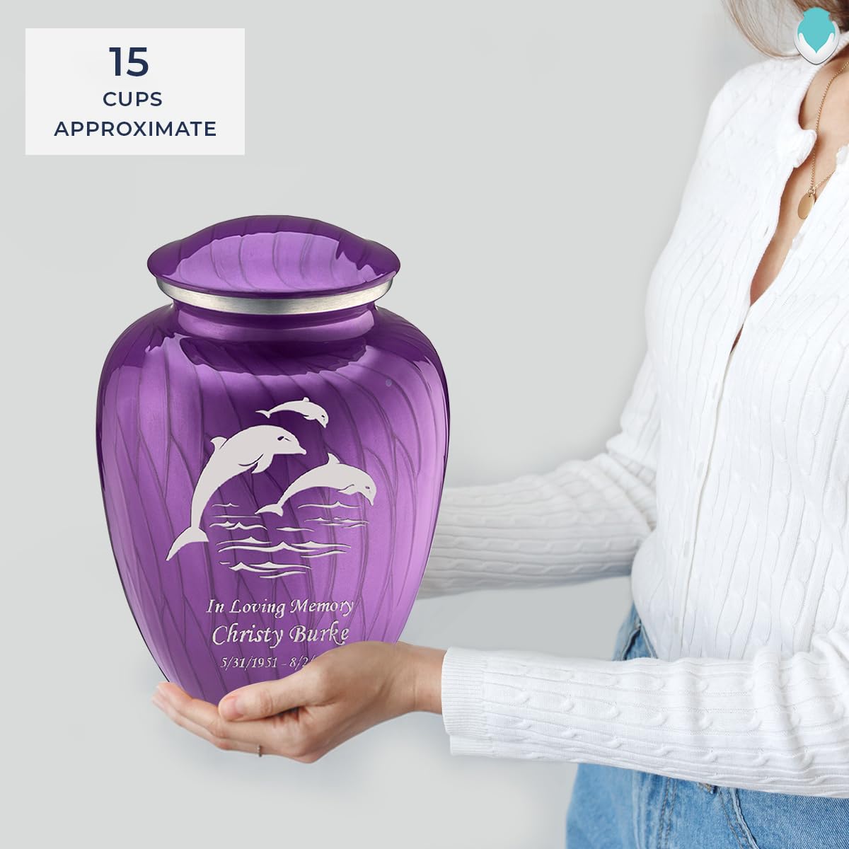 Personalized Dolphin Cremation Urn for Human Ashes - Large Pearl Purple Funeral Urn for Adults with Double Side Engraving (Holds 200 lbs) - Perfect for Memorial Services & Home Display