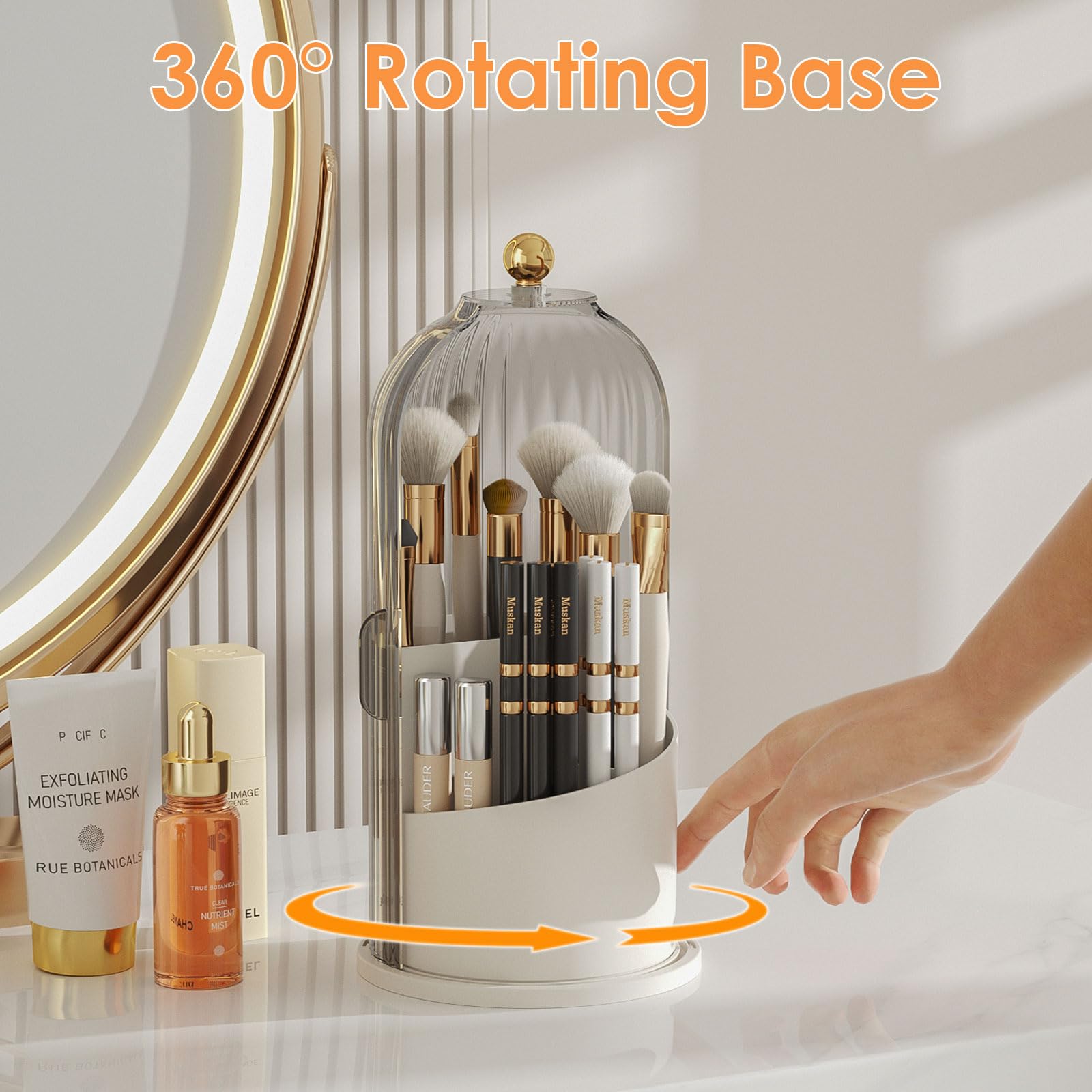 360° Rotating Clear Makeup Brush Holder with Lid - Dustproof Vanity Organizer for Bathroom Countertop & Makeup Table (Gray) | Perfect for Travel, Home & Salon Use