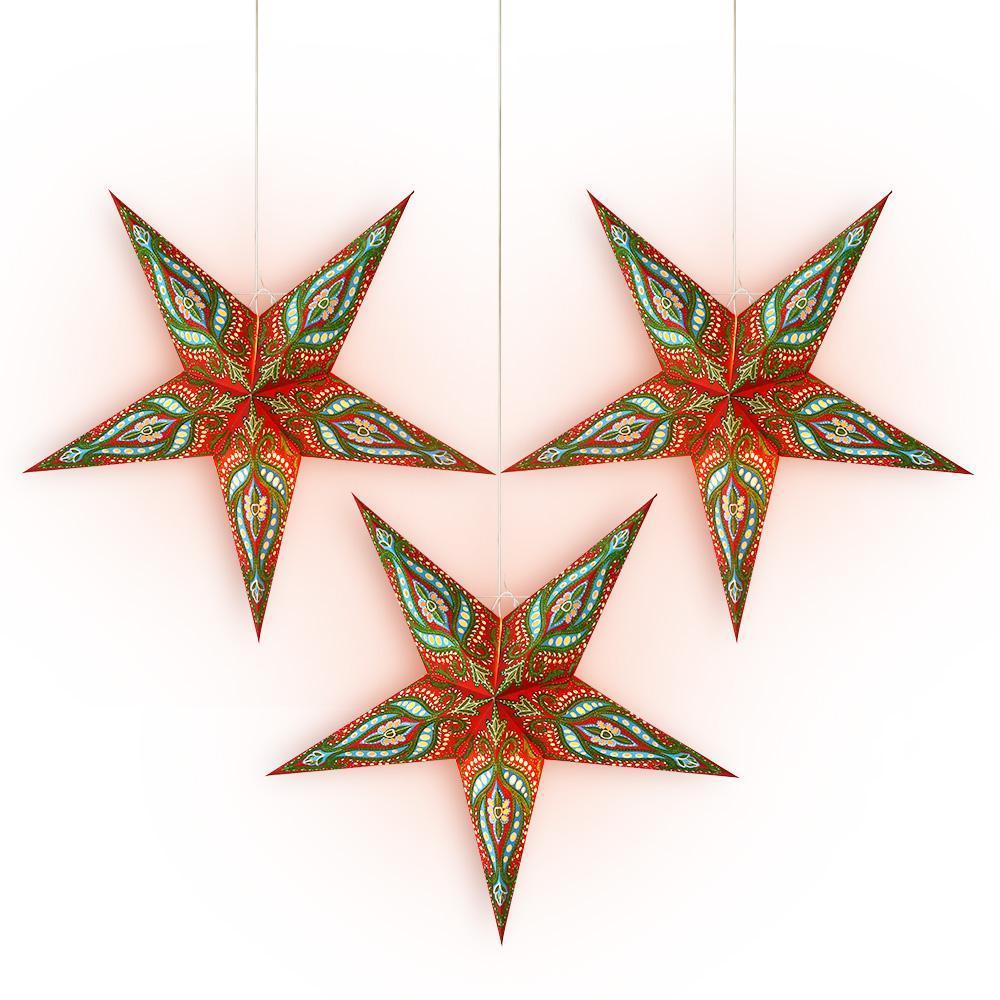 3 Pack 24 Inch Red & Green Bloom Glitter Paper Star Lanterns with LED Bulbs & Lamp Cord - Christmas Party Decorations, Holiday Home Decor, Wedding Centerpieces, Outdoor Garden Lighting