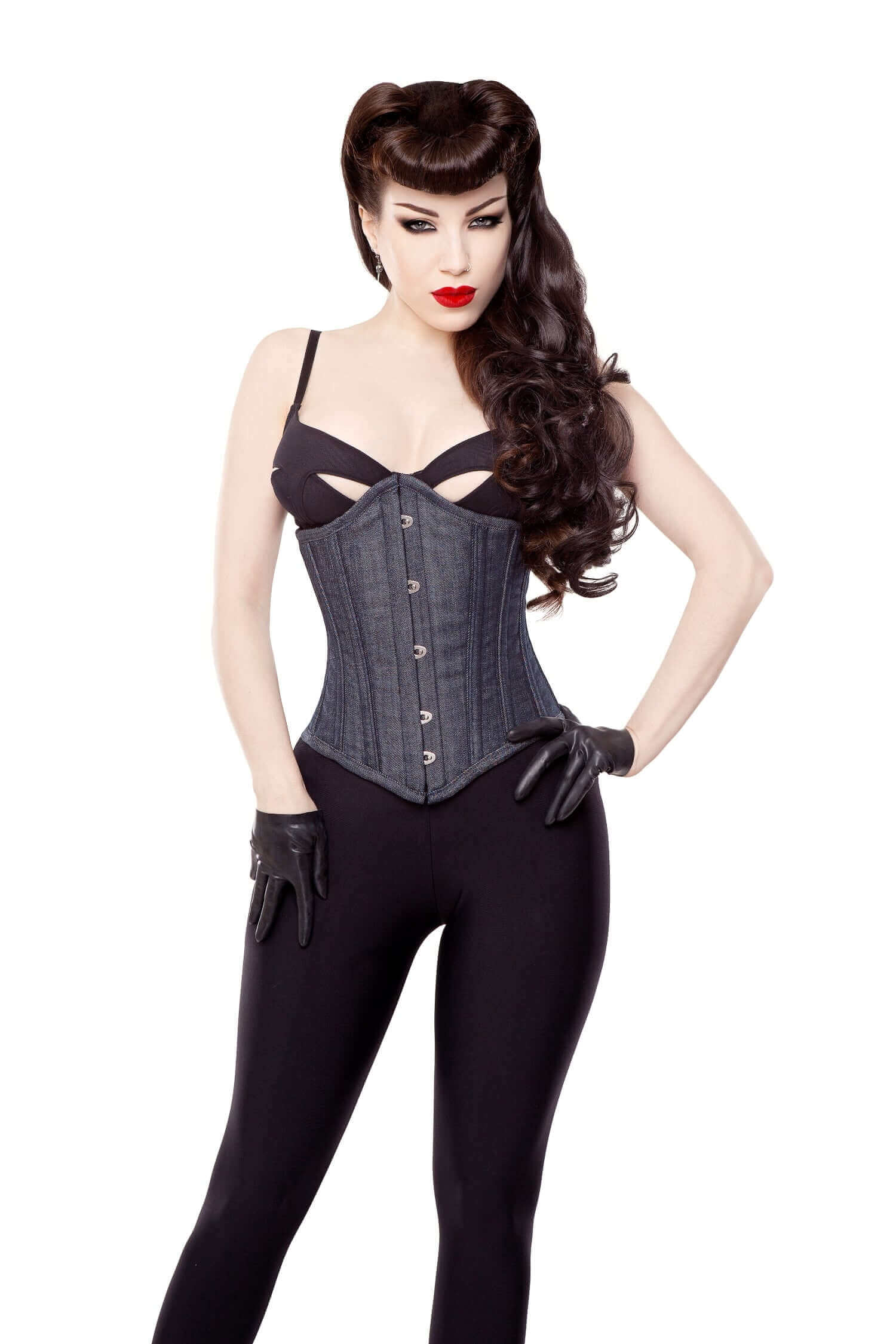 Long Denim Waist Training Steel Boned Corset Cincher for Women - Slimming Body Shaper with Adjustable Laces - Perfect for Tummy Control, Waist Training & Vintage Fashion Outfits