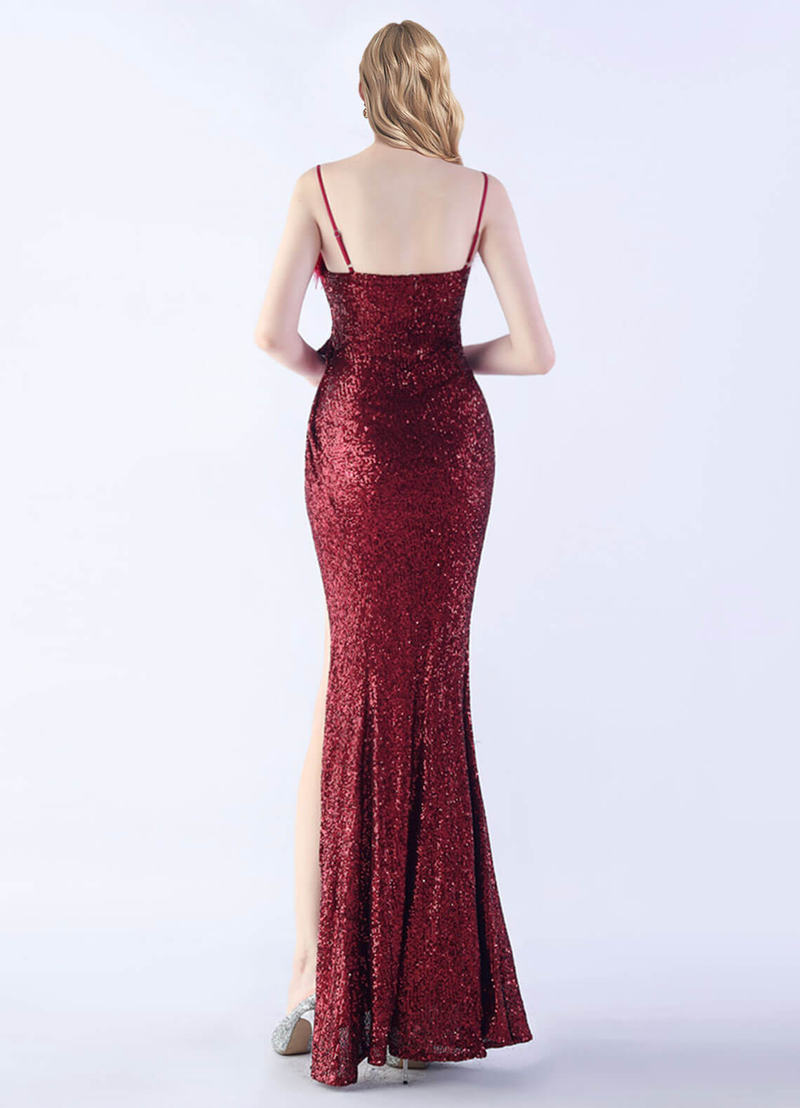 Burgundy Luxury Feather Sequin Maxi Formal Gown with Spaghetti Straps - Perfect for Evening Galas, Prom Dresses & Black Tie Events