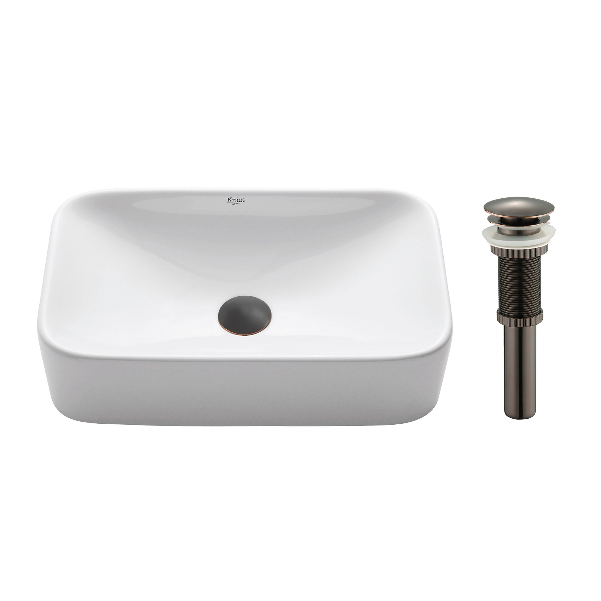 Kraus KCV-122-ORB White Rectangular Ceramic Bathroom Sink with Pop-Up Drain in Oil Rubbed Bronze Finish - Perfect for Modern Vanities and Powder Rooms