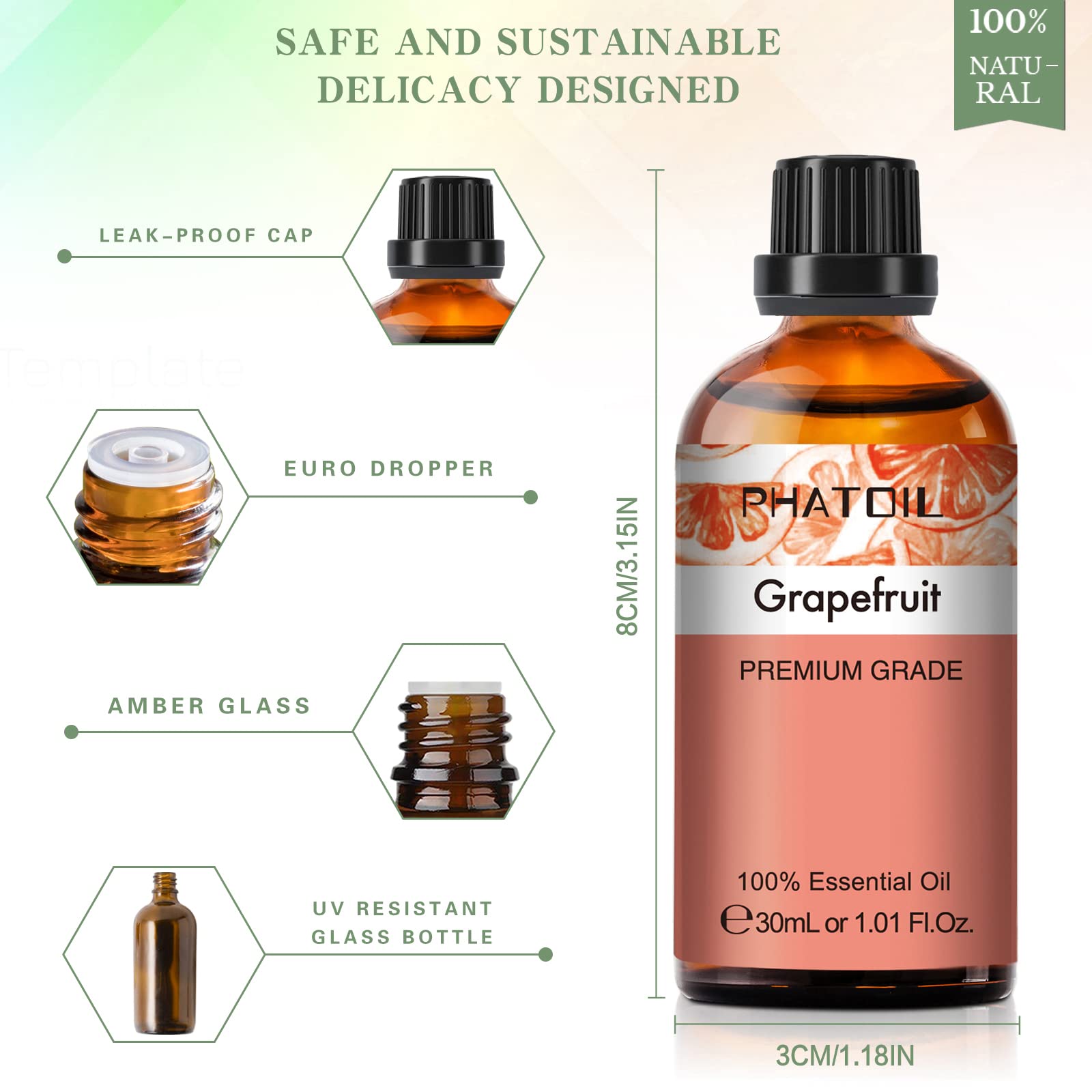 PHATOIL 100% Pure Grapefruit Essential Oil 30ml - Natural Aromatherapy Oil for Diffusers, Humidifiers, Massage & DIY Candles - Uplifting Citrus Scent for Stress Relief & Home Fragrance