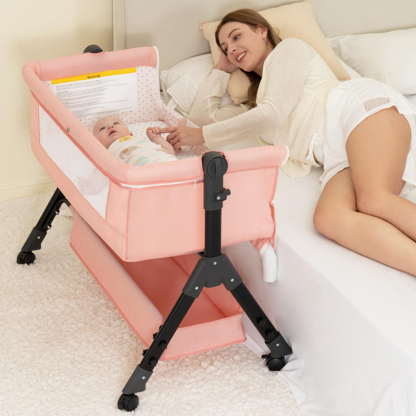 Portable Baby Bassinet & Bedside Crib with Storage Basket & Mosquito Net - Adjustable Height, Easy Folding Sleeper for Newborns & Infants (Pink) | Perfect for Nursery, Bedroom & Travel Use