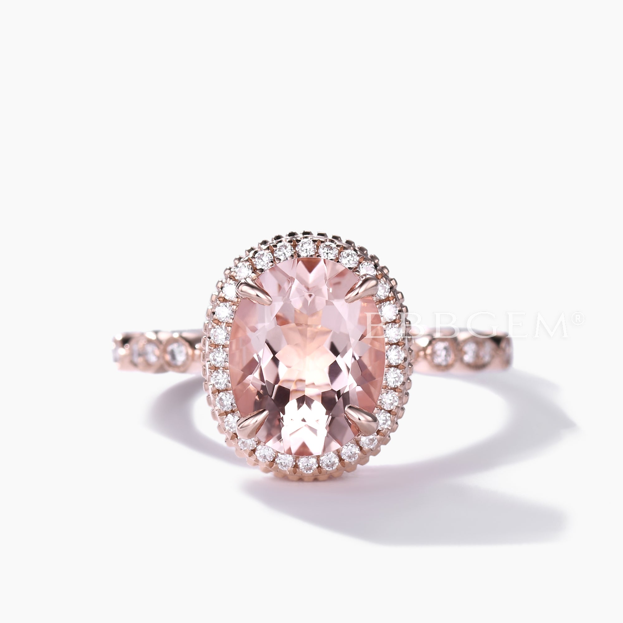 Vintage Peach Morganite Engagement Ring with Hidden Halo - 8x10mm Oval Cut Rose Gold Art Deco Style Ring for Wedding, Proposal & Anniversary Gifts