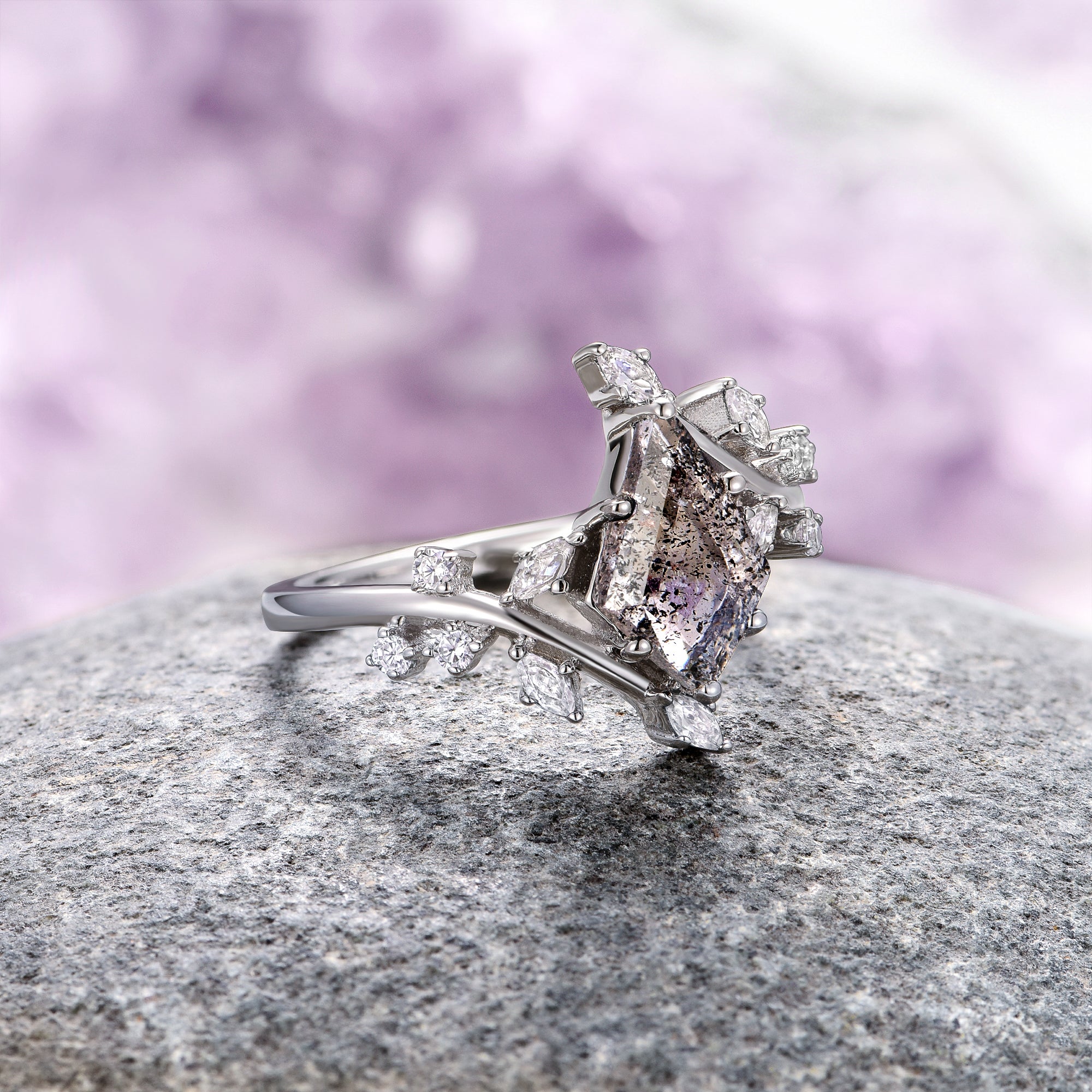 Galaxy Raw Salt & Pepper Herkimer Diamond Leaf Ring - Sterling Silver Jewelry for Women, Nature-Inspired Bohemian Style, Perfect for Everyday Wear & Special Occasions