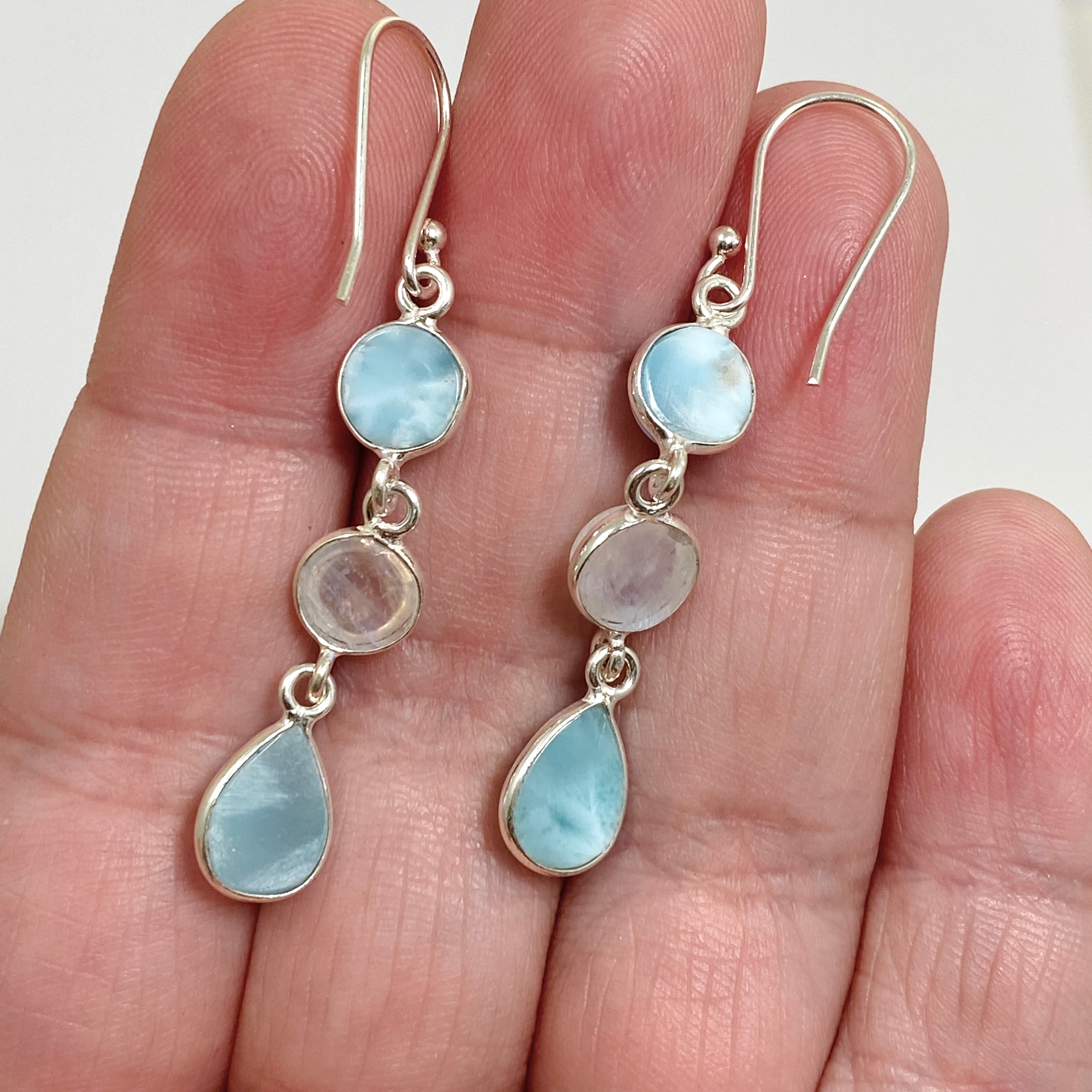 Larimar & Moonstone Dangle Earrings for Women - Handmade Sterling Silver Jewelry - Perfect for Weddings, Parties & Gifts