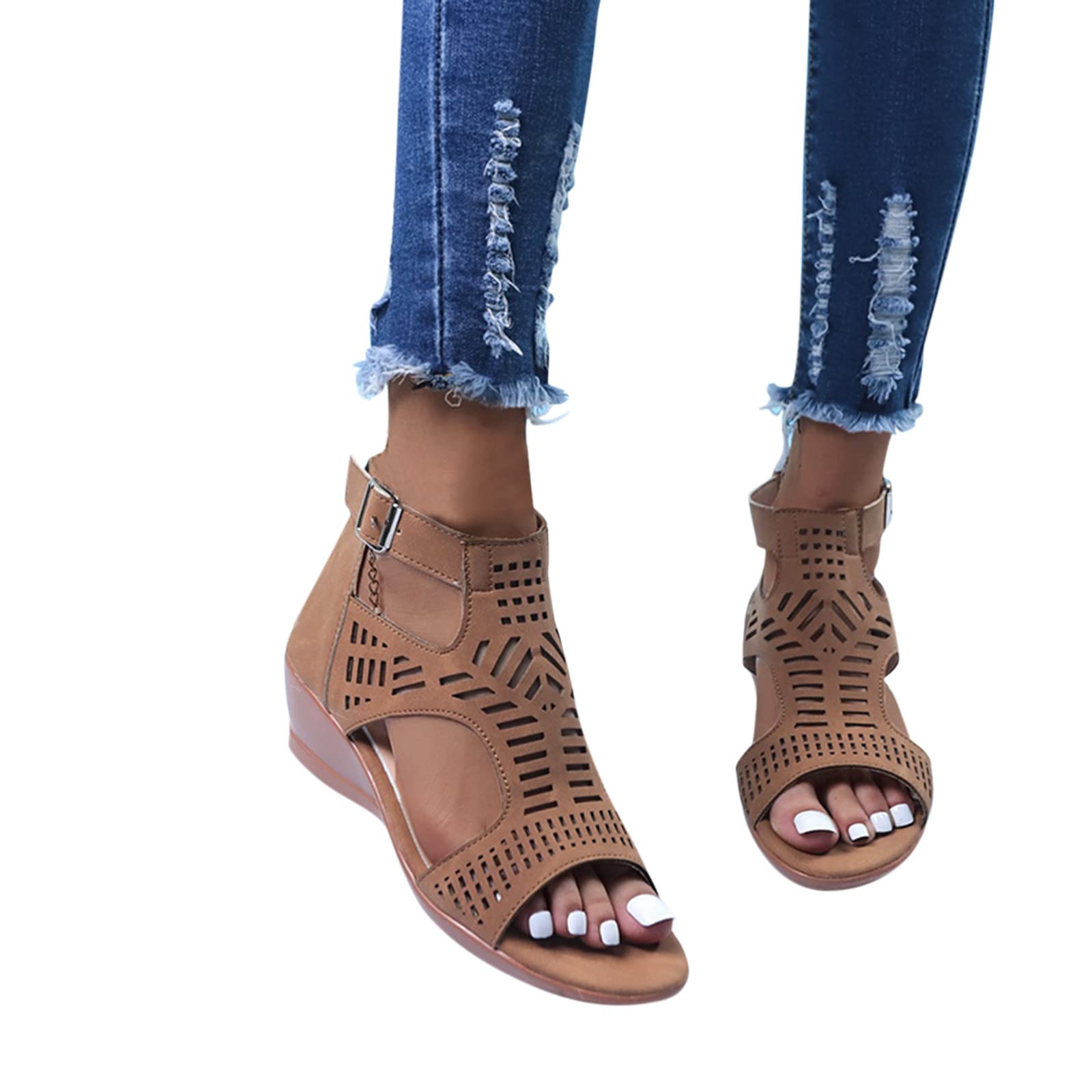 Women's Casual Buckle Cutout Peep Toe Wedge Heel Sandals - Stylish Summer Shoes for Beach, Vacation & Everyday Wear