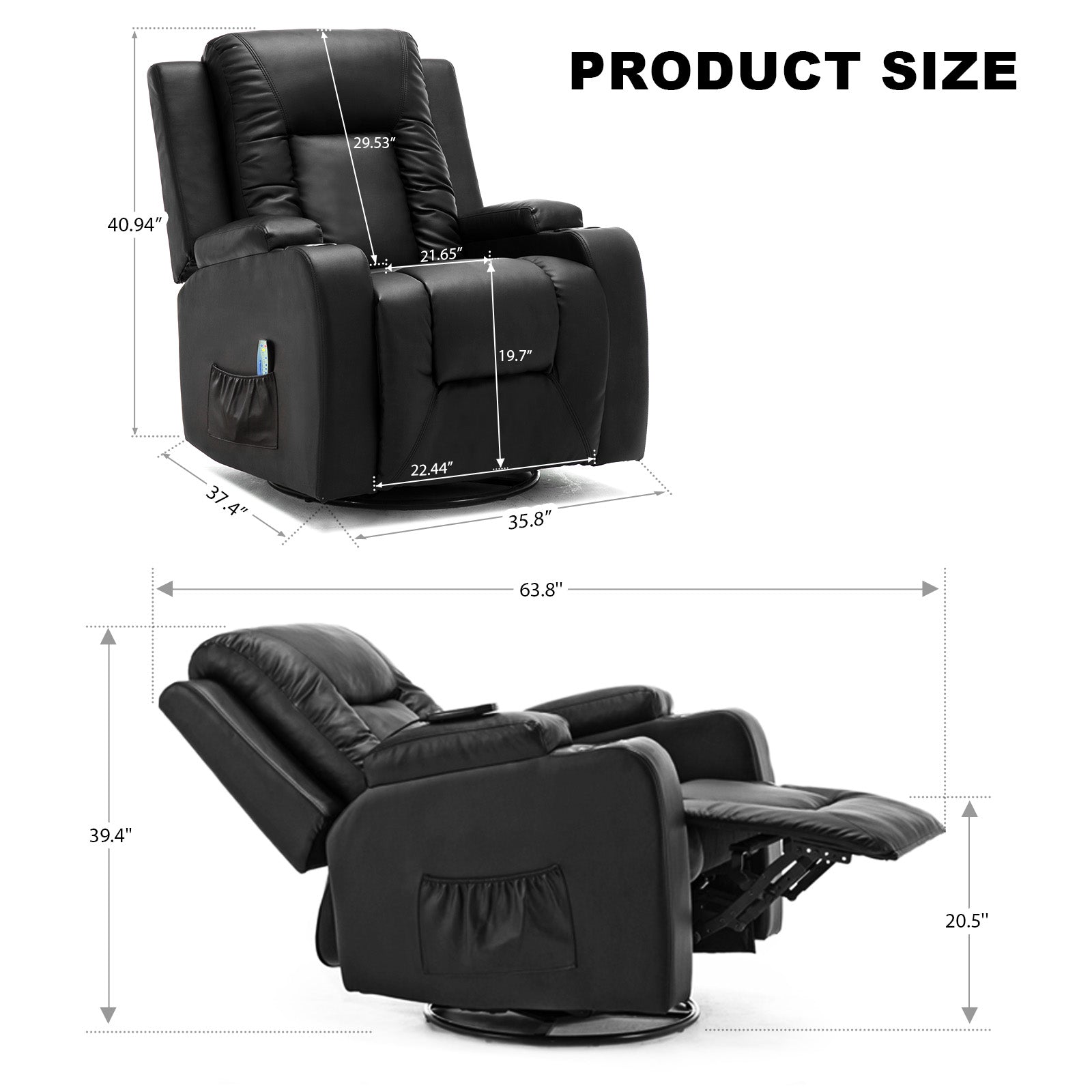 COMHOMA PU Leather Recliner Chair with Heat and Massage - Swivel Rocking Chair for Adults, Single Sofa Seat with Cup Holders & Side Pockets - Perfect for Living Room, Bedroom, Home Theater & Relaxation (Black)