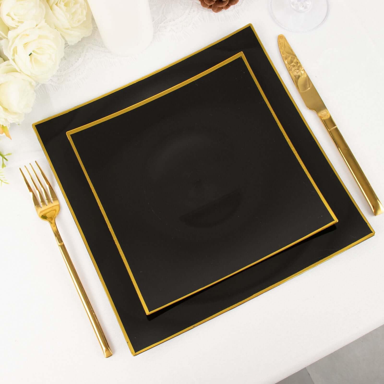 Efavormart 10-Pack 8 Inch Black and Gold Concave Square Plastic Dinner Plates - Disposable Party Plates for Weddings, Birthdays, and Special Events