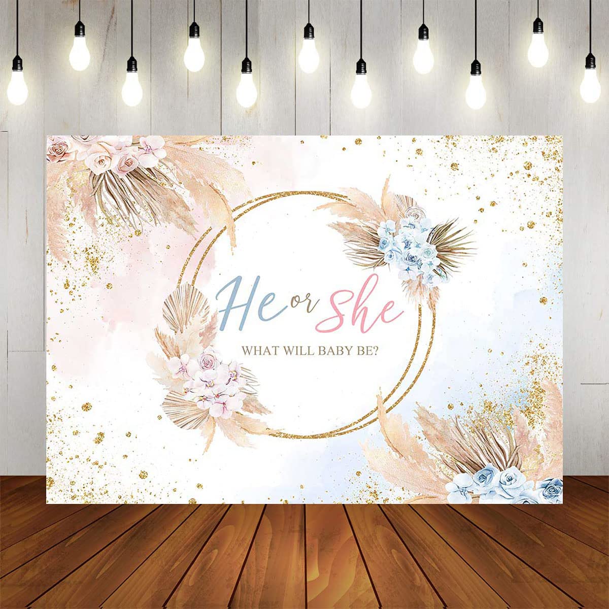 7x5ft Mocsicka Boho Gender Reveal Backdrop - Blue & Pink Vinyl Party Decor for Baby Shower, Gender Reveal Party, Nursery Decor - Boy or Girl Celebration Background