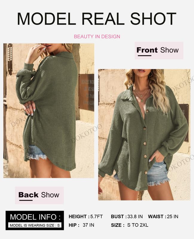 Dokotoo Women's Waffle Knit Shacket Jacket - Long Sleeve Button Down Shirt Blouse for Casual & Dressy Outfits | Perfect for Fall Layering, Office Wear & Weekend Outings