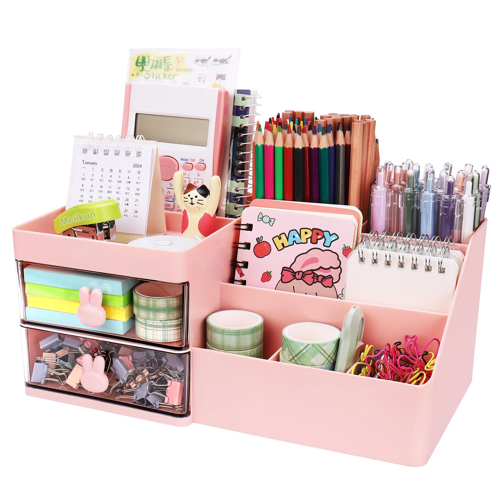 Pink 2-Drawer Makeup Organizer with 7 Compartments & Top Tray - 11