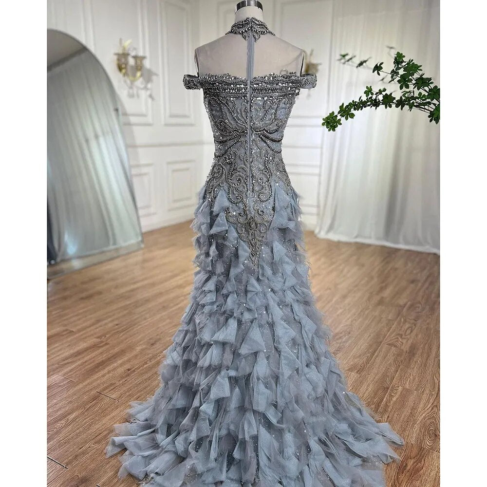 Elegant Blue Arabic Mermaid Evening Gown with Pearl Beading - Luxury Wedding & Party Dress for Women 2025 | Perfect for Formal Events, Prom, Bridal Showers & Special Occasions