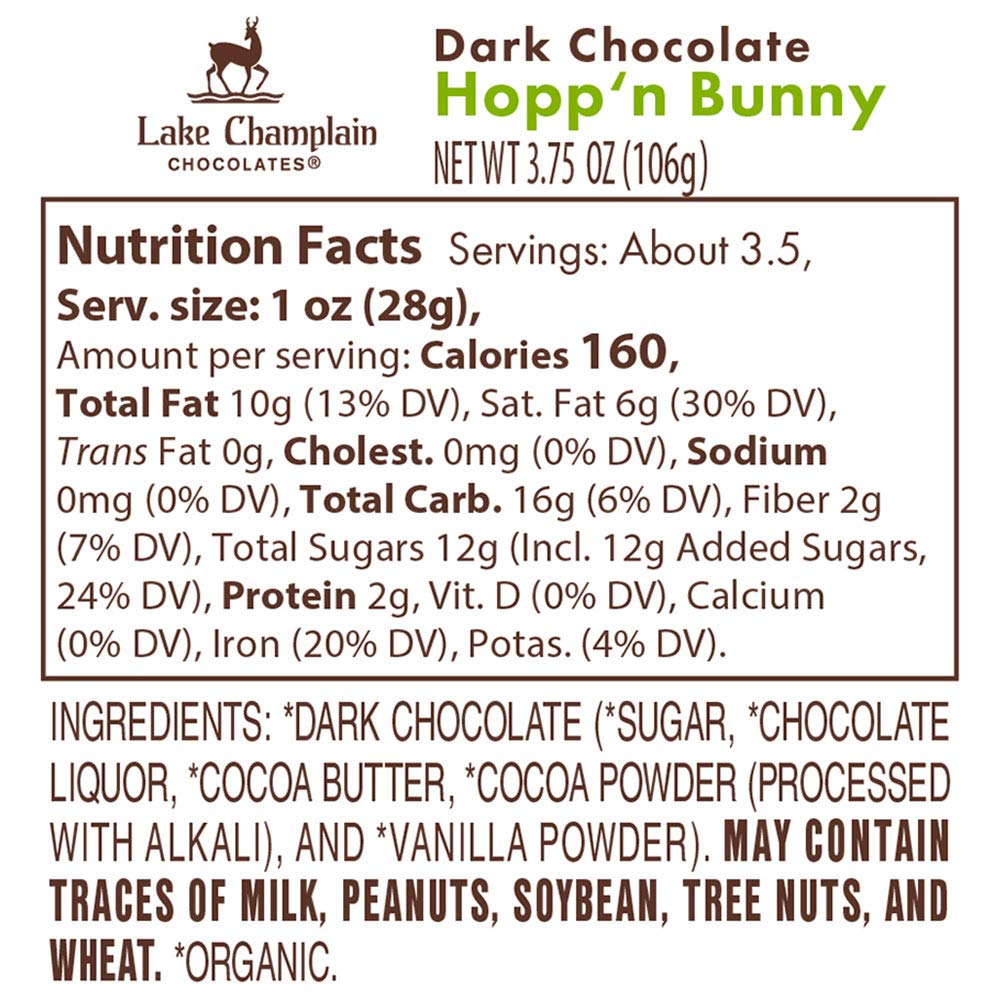 Organic Hopp'N Bunny Dark Chocolate by Lake Champlain - 3.75oz Easter Gift, Holiday Treat & Vegan Dessert for Parties, Gifting & Special Occasions