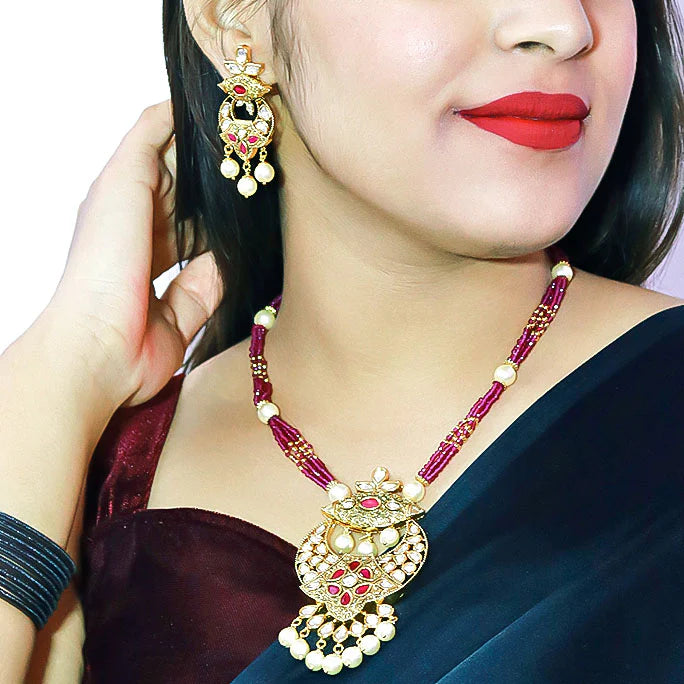Exquisite Gold Plated Royal Kundan Pendant Necklace Set (D576) - Perfect for Weddings, Parties & Special Occasions