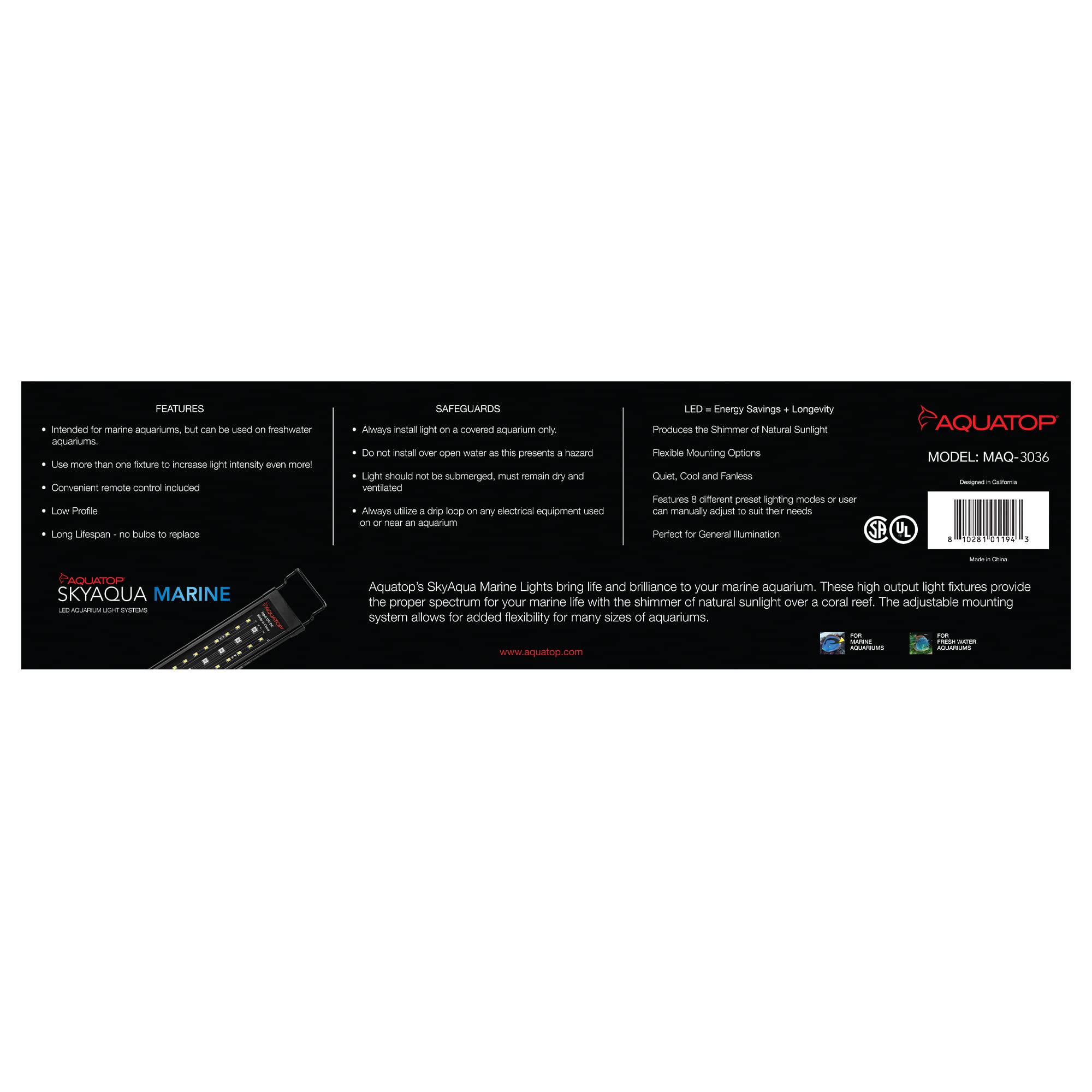 Aquatop SkyAqua Marine LED Saltwater Aquarium Light – 14000K Full Spectrum for Coral Growth, 30-36 Inch Fish Tank Lighting with Remote Control & 3 Position Toggle Switch – UL & CSA Certified – Perfect for Reef Tanks, Marine Aquariums & Saltwater Fish Habitats