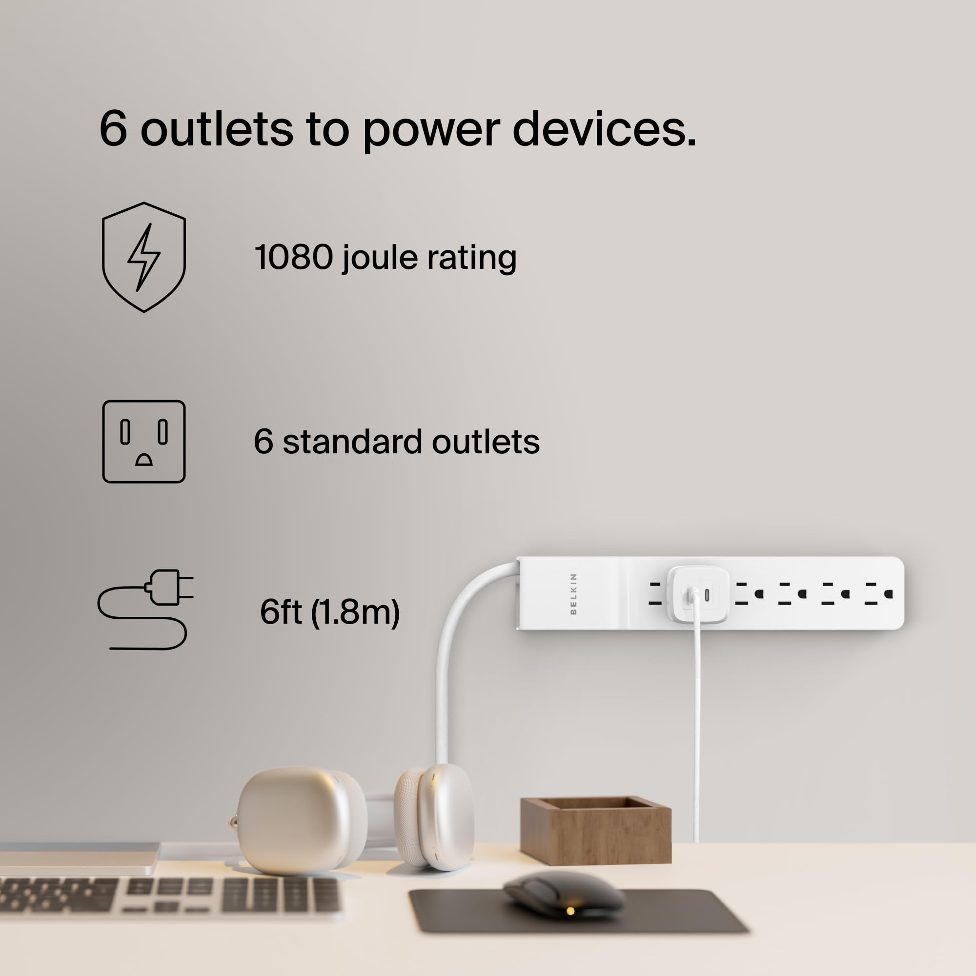 Belkin 6-Outlet Surge Protector Power Strip with Flat Rotating Plug, 6ft Cord - 1080 Joules Protection for Home Office, Gaming Setup & Small Appliances - White (6-Pack) - Perfect for Workstations, Entertainment Centers & Travel Use