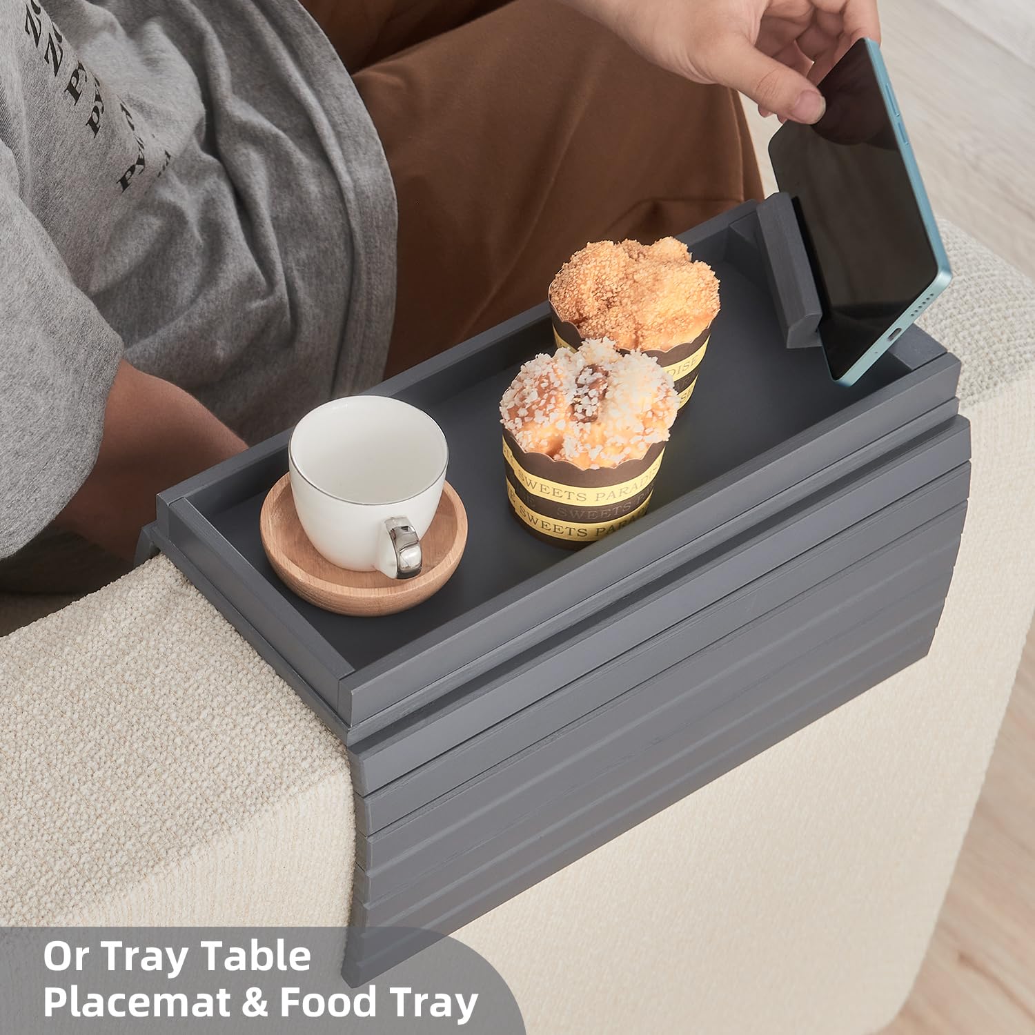 360° Rotating Bamboo Sofa Arm Tray - Foldable Side Table with Cup Holder for Snacks & Drinks - Perfect for Living Room Relaxation