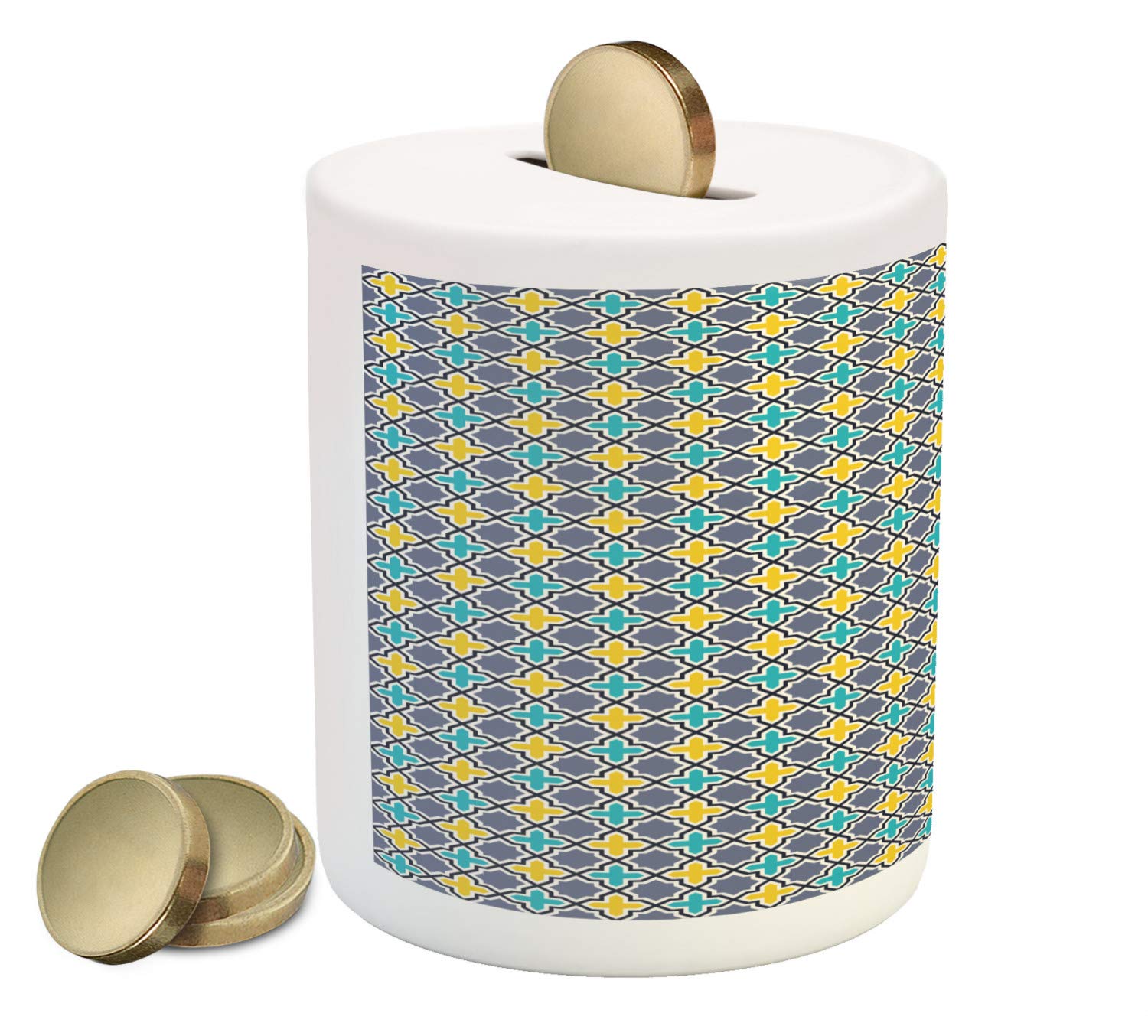 Ambesonne Ceramic Piggy Bank - Victorian Baroque Trellis Design in Vibrant Purple, Yellow & Blue | Money Saving Coin Bank for Adults & Kids | Perfect for Home Decor, Gift Giving & Financial Education