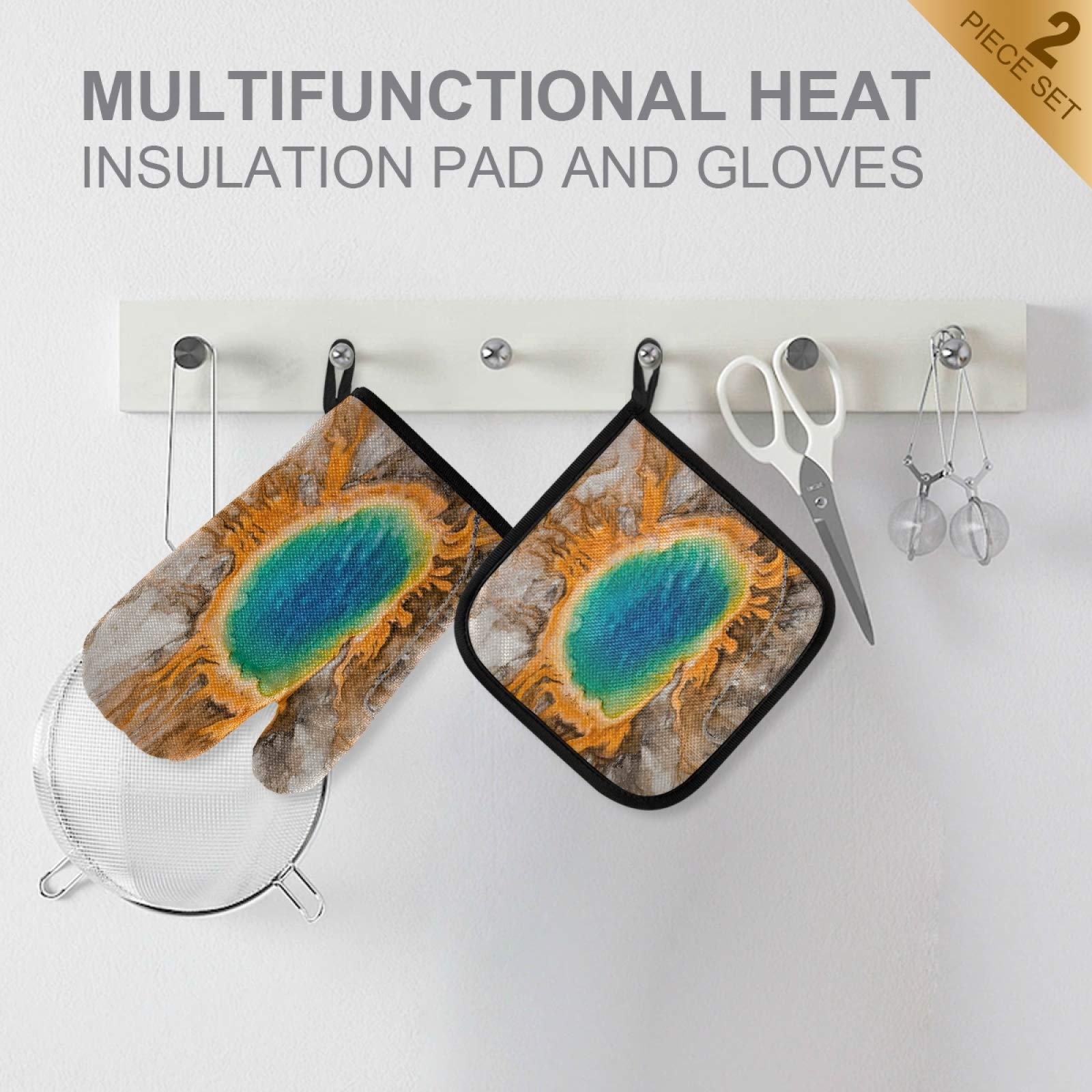 QUGRL Heat Resistant Oven Mitts & Pot Holders Set - Yellowstone National Park Inspired Grand Prismatic Spring Design - Kitchen Cooking Gloves for Baking, BBQ & Handling Hot Cookware - Perfect for Grilling, Baking & Everyday Kitchen Use