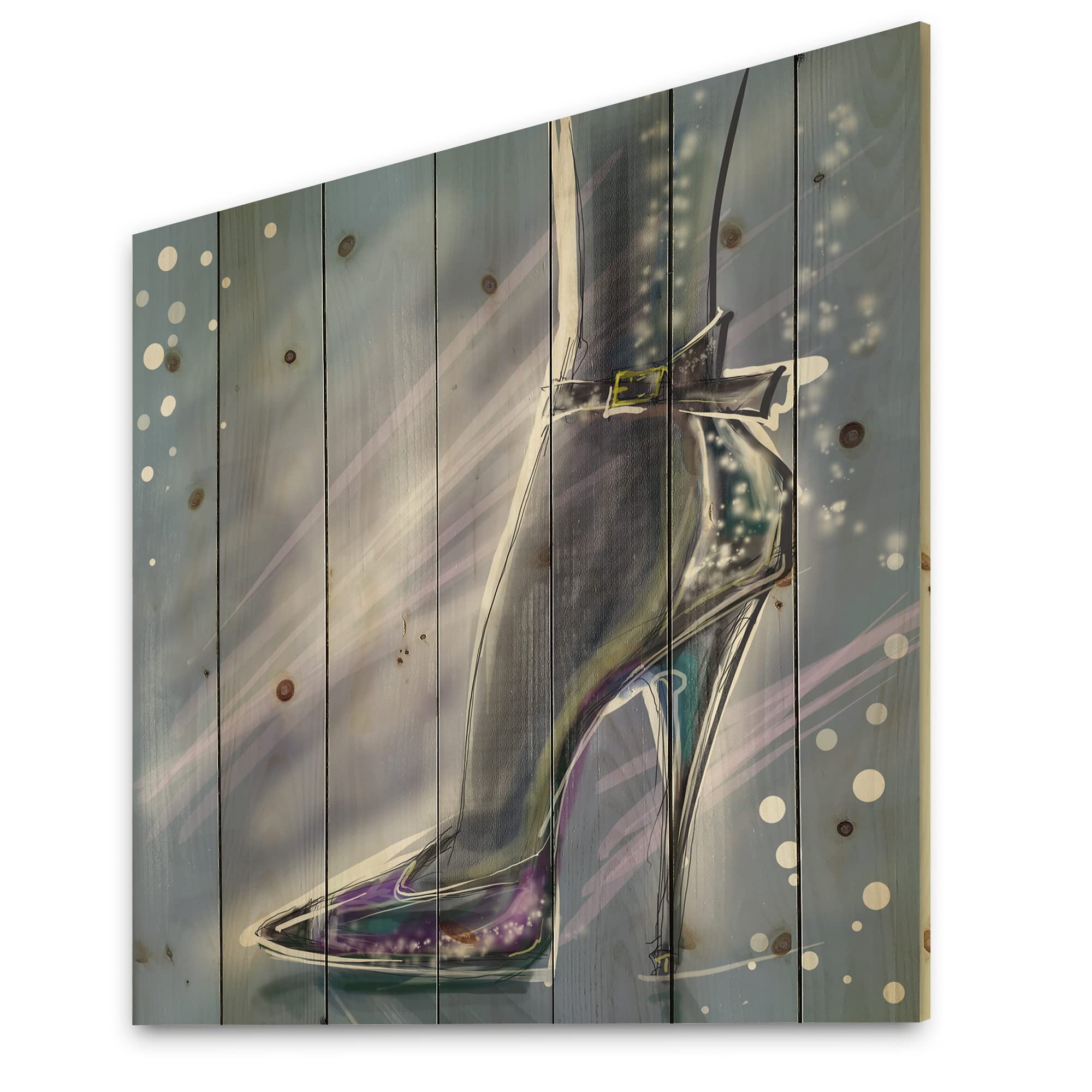 DesignQ Glitter Stiletto High Heel Shoe - Blue Wood Wall Art Decor, Modern Fashion Panel Printed on Natural Pine Wood | Perfect for Bedroom, Living Room & Office Decoration