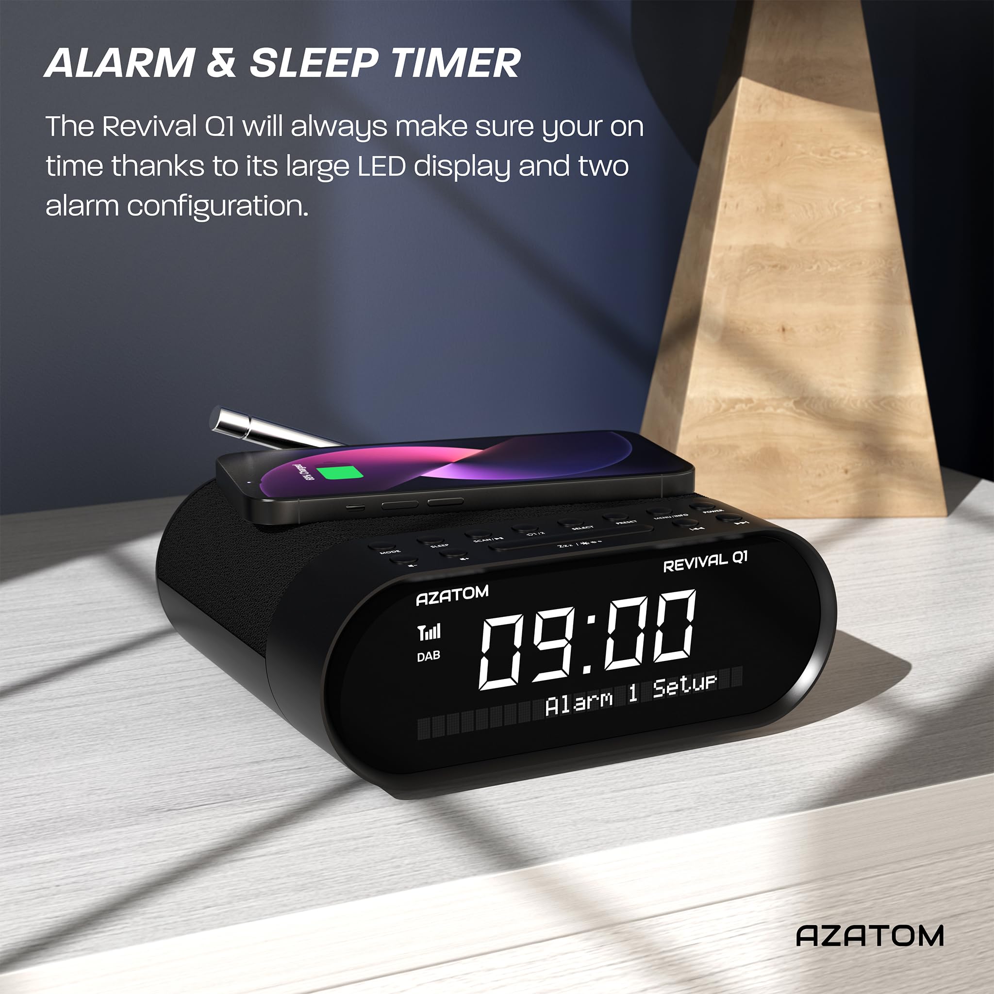 AZATOM Revival Q1 Black DAB+ Digital FM Clock Radio with Bluetooth, Wireless Charging & Dual Alarm - Bedside Alarm Clock with Sleep Timer, USB Port, AUX & Headphone Jack for Home, Office & Travel Use