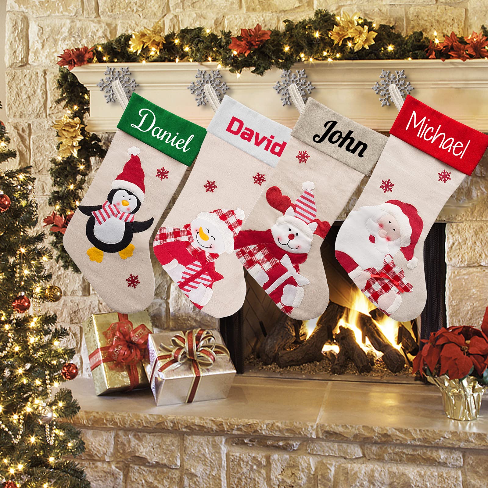 Personalized Christmas Stockings Set of 7 with Custom Names - Festive Family Holiday Decorations for Fireplace Mantel, Gift Exchange & Cozy Home Decor (7 Pack)