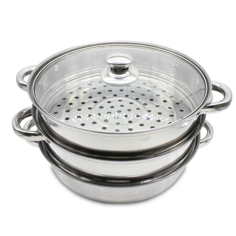 Stainless Steel 3-Layer Food Steamer Pot with Glass Lid - 11