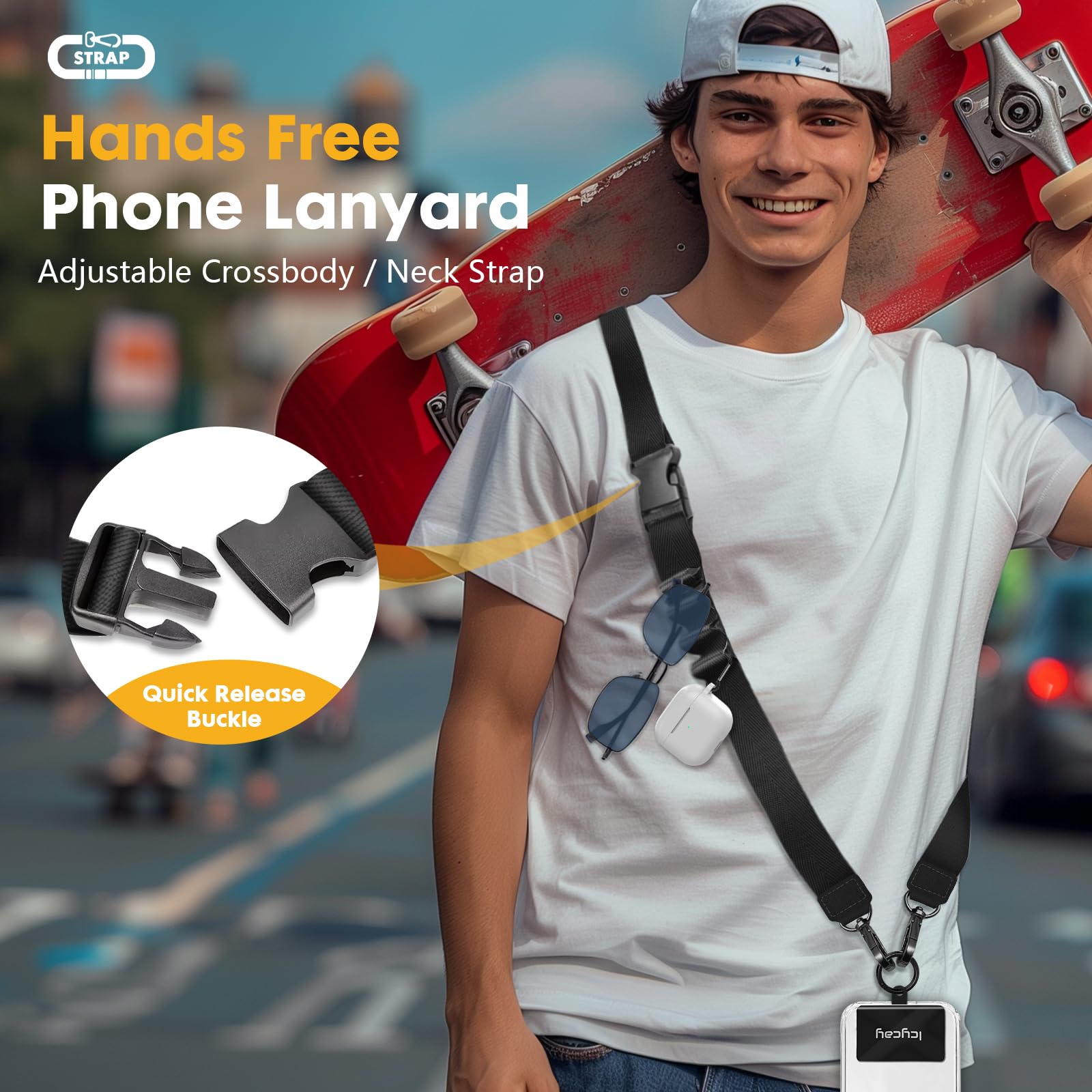 Adjustable Crossbody Phone Lanyard - Anti-Theft Neck Strap for iPhone & Smartphones - Black ID Holder & Keychain Accessory - Perfect for Travel, Work, and Everyday Use