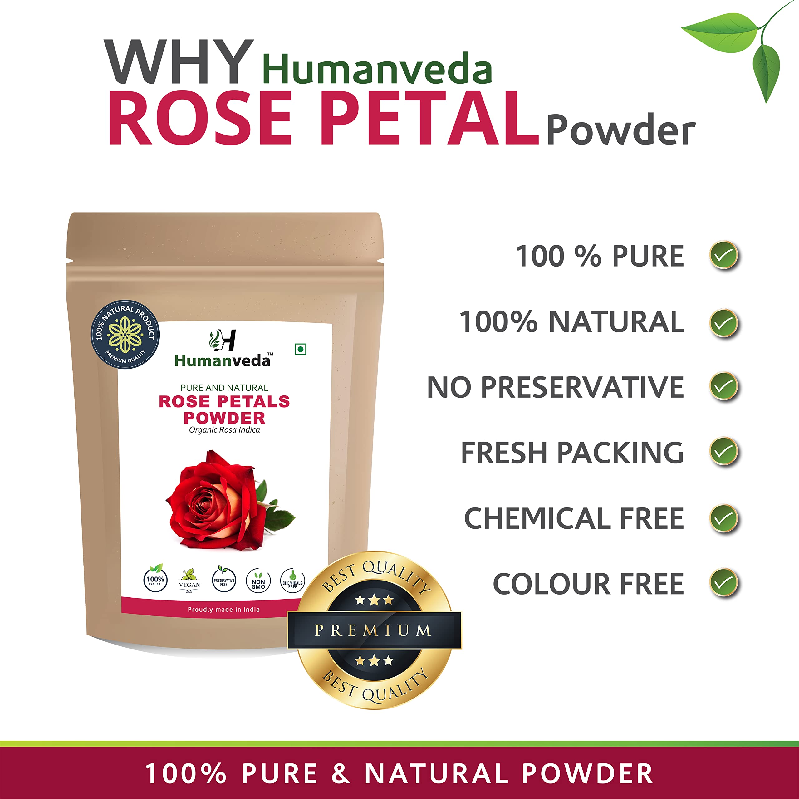 Humanveda 100% Natural Rose Petal Powder - 100g | Organic Face Mask for Skin Brightening, Tan Removal & Glow | Double Filtered Rose Extract | Perfect for DIY Spa, Bridal Care & Daily Skincare Routine