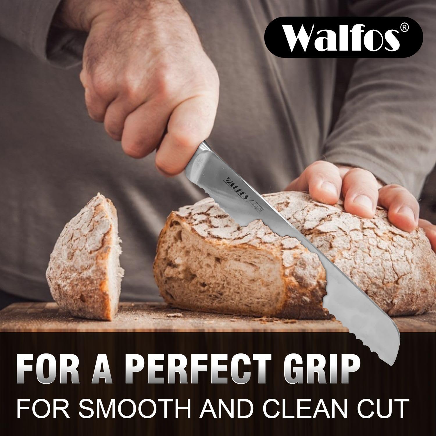 Walfos 8-Inch Stainless Steel Serrated Bread Knife - Ultra Sharp Kitchen Knife with Ergonomic Handle for Slicing Bread, Bagels, Cakes - Perfect for Home Baking, Restaurant Use & Gift Giving