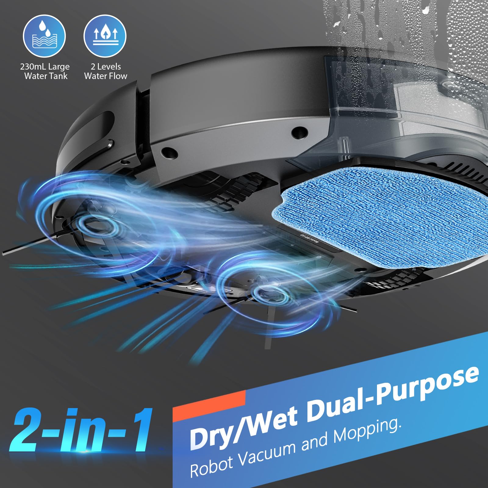 Smart Robot Vacuum and Mop 2-in-1 - Wi-Fi Connected Robotic Cleaner with App & Voice Control, Self-Charging, Slim Design with Water Tank & Dustbin - Perfect for Hard Floors, Pet Hair, Carpets - Ideal for Home, Office, and Pet Owners