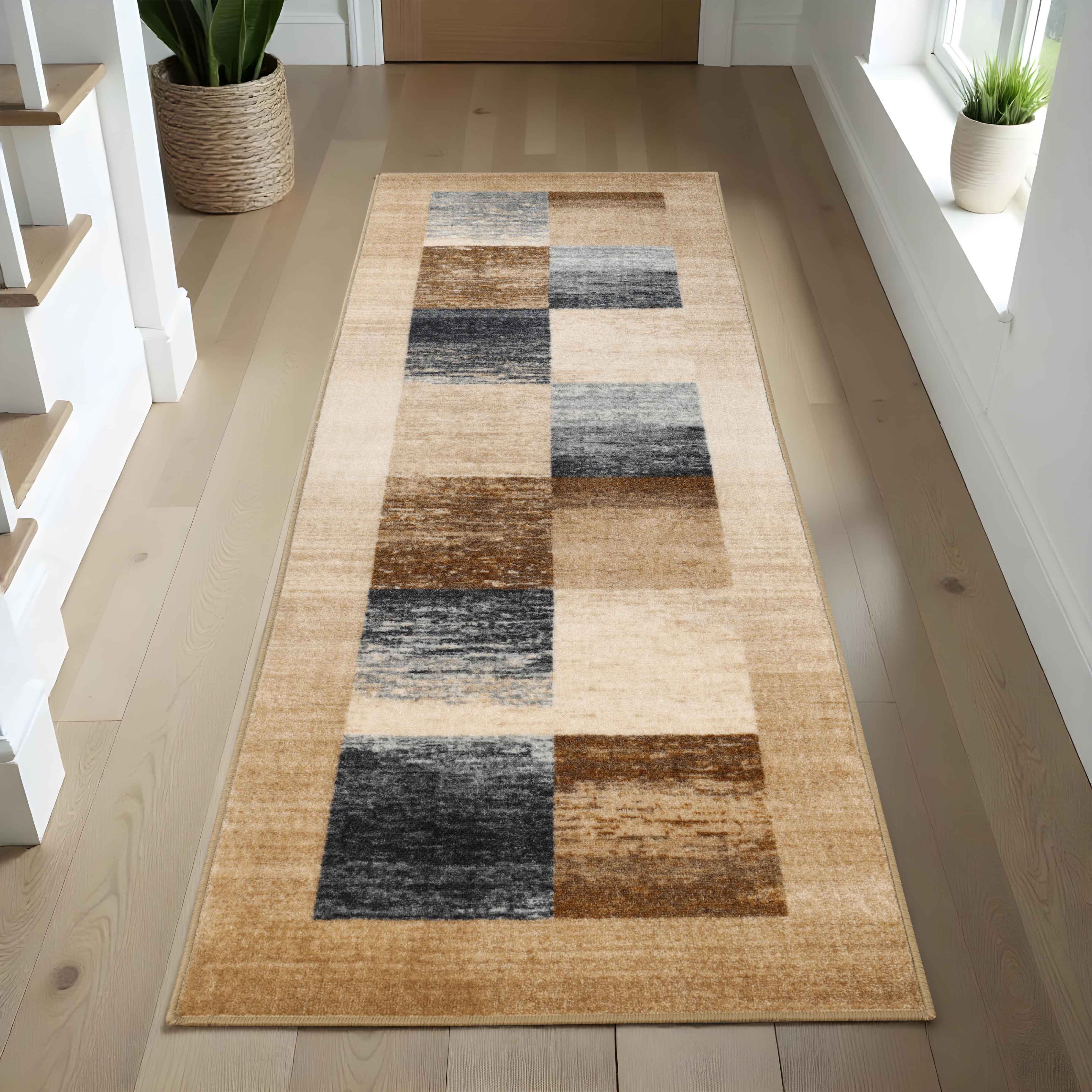Lockwood Color Block Non-Slip Washable Indoor Area Rug or Runner - Perfect for Living Room, Bedroom, Entryway & High Traffic Areas