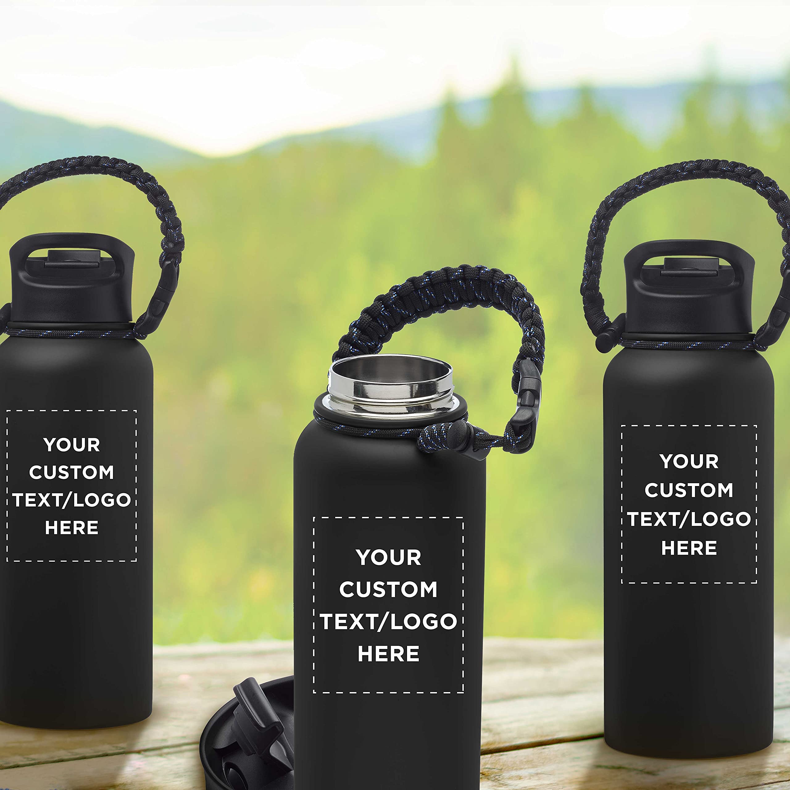 6 Pack Vulcan Stainless Steel Water Bottles 34oz with Strap - Double Wall Vacuum Insulated, Custom Text & Logo - Black - Perfect for Gym, Hiking, Camping & Outdoor Activities