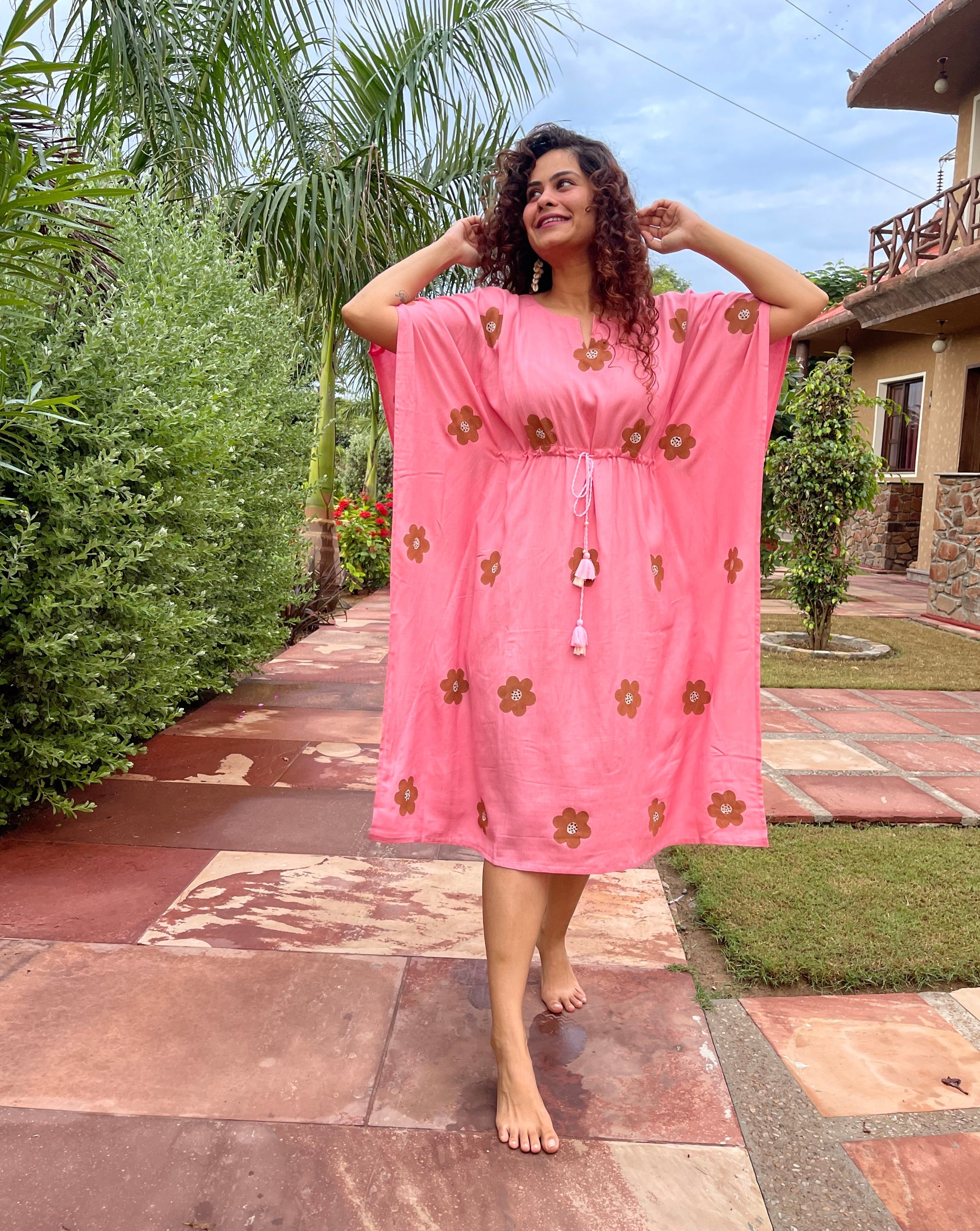 Elegant Pink Kaftan Dress for Women - Boho Chic Summer Beach Cover Up & Lounge Wear - Perfect for Vacations, Pool Parties, and Resort Getaways