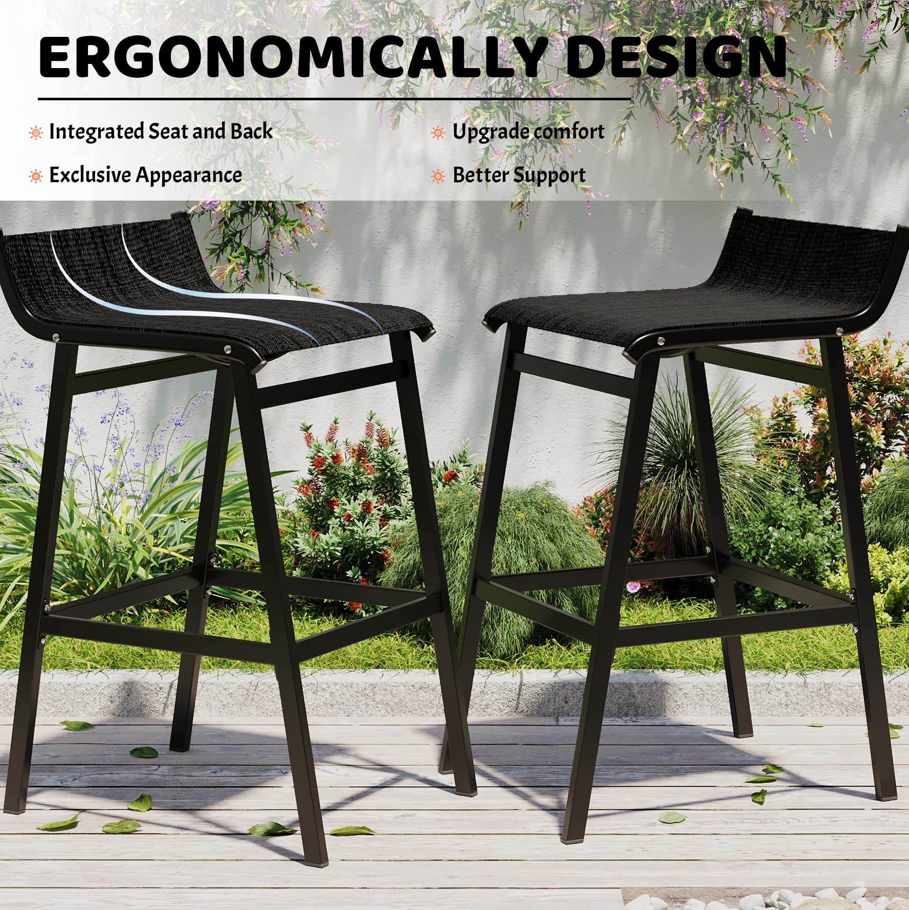 Sundale Outdoor Black Patio Bar Stools Set of 2 - Low Back Metal Counter Height Bar Chairs for Porch, Deck, Poolside & Backyard - Durable Armless High Top Stools for Outdoor Dining & Entertaining