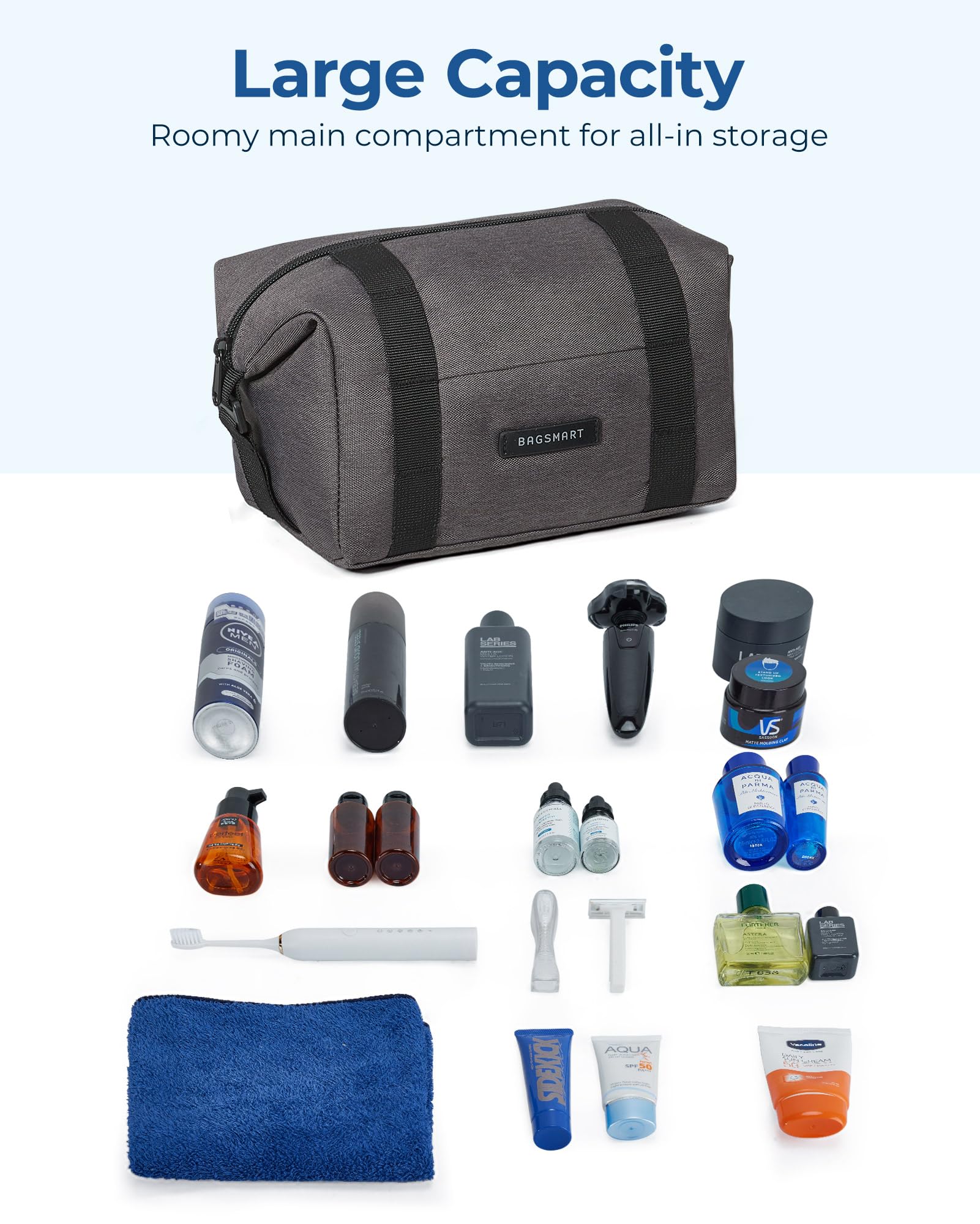 BAGSMART Large Waterproof Hanging Toiletry Bag for Men - Travel Shaving Dopp Kit Organizer with Multiple Pockets for Hygiene & Bathroom Essentials - Perfect Gift for Traveling, Camping & Gym Use - Black