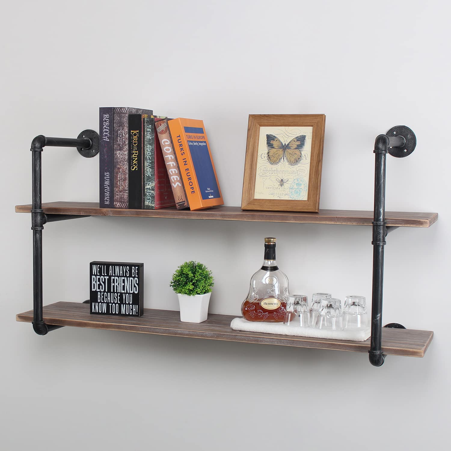 Industrial Pipe Shelving Wall Mounted - 48 Inch Rustic Metal Floating Shelves with Real Wood, Steampunk Style Bookshelf for Farmhouse Kitchen, Bar & Living Room (2-Tier Wall Shelf Unit) - Perfect for Home Decor, Book Storage & Display
