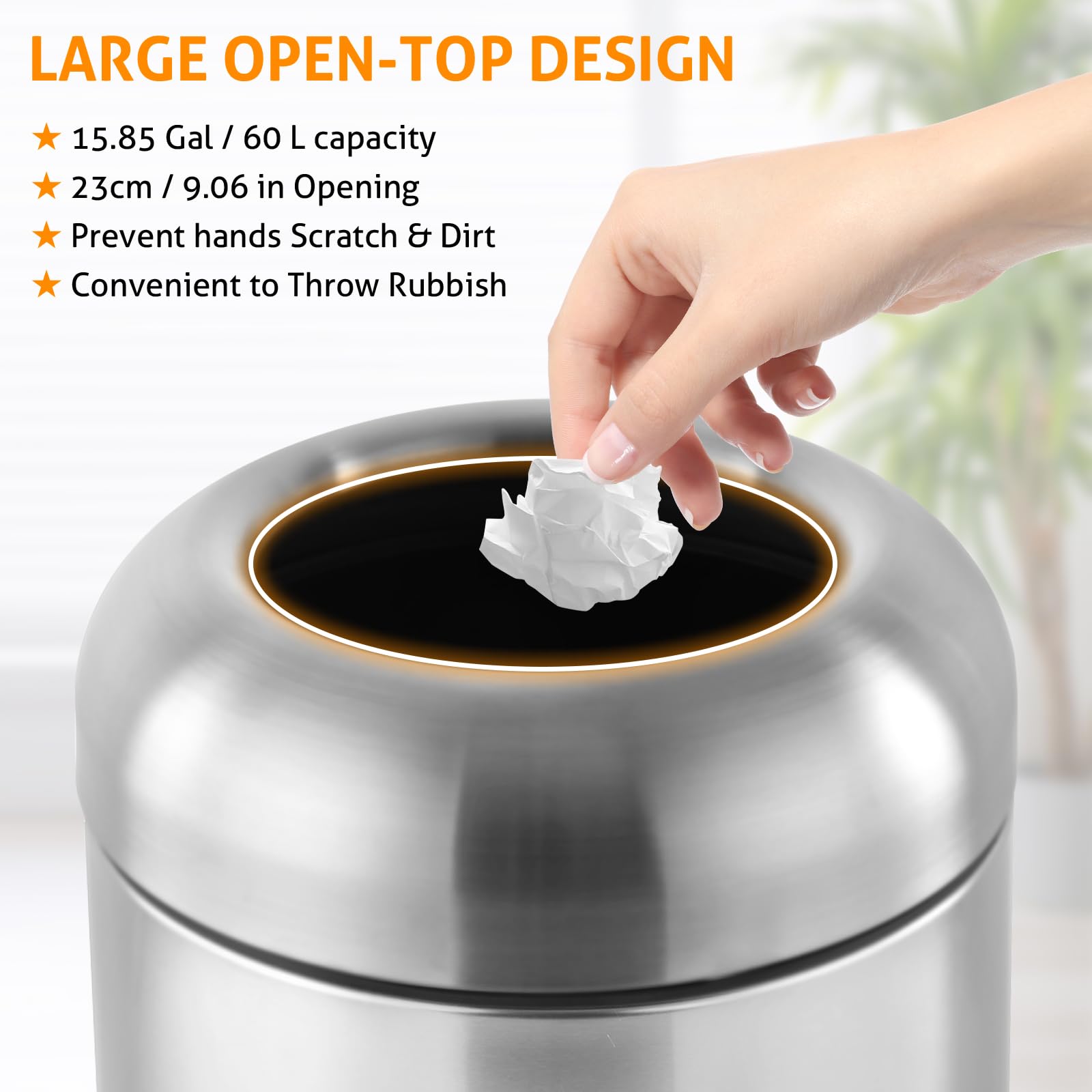 WICHEMI 16 Gallon Stainless Steel Commercial Trash Can with Lid - Heavy Duty Indoor/Outdoor Garbage Bin for Kitchen, Office, Restaurant & Industrial Use - Open Top Waste Container with Cabinet Enclosure