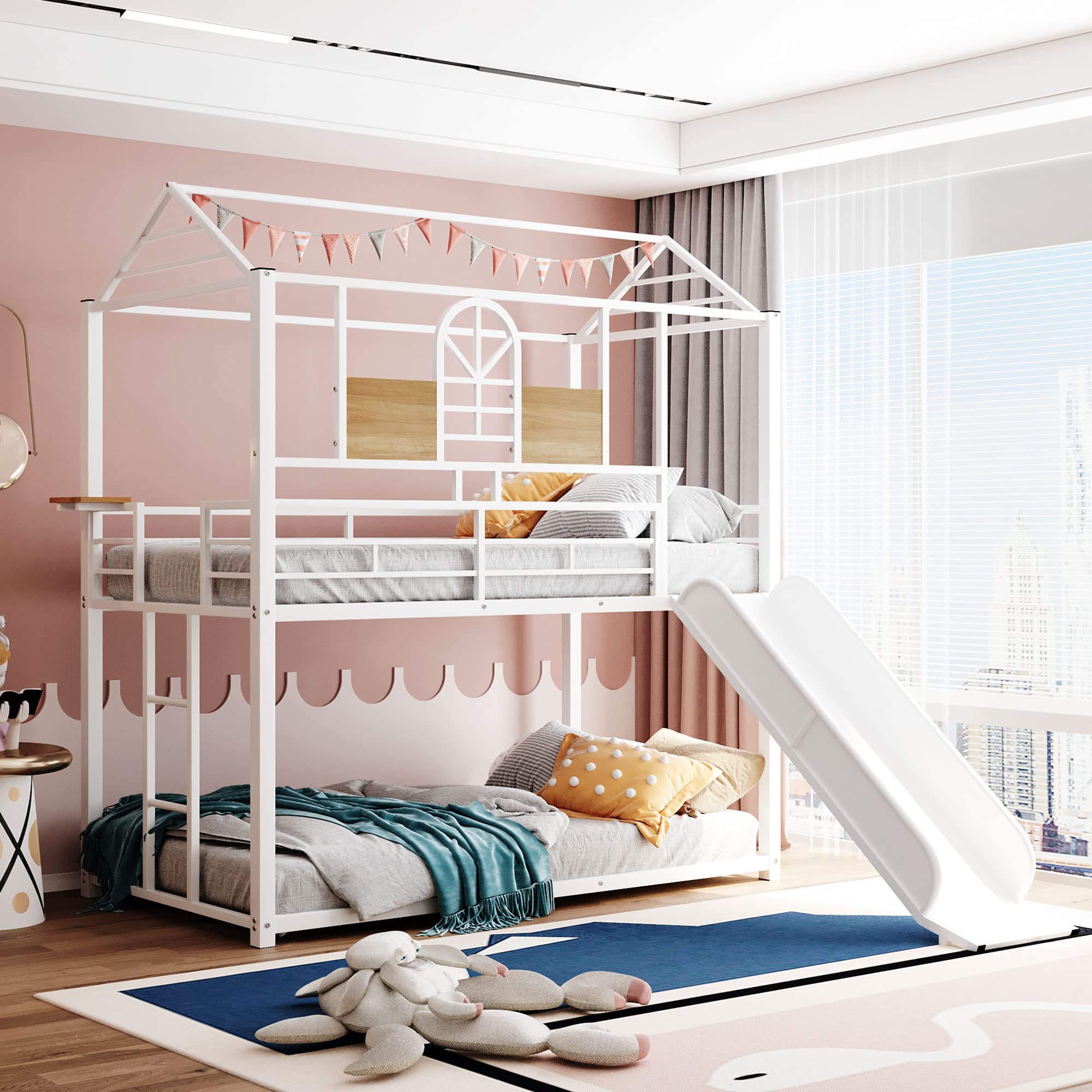 **Metal Twin Over Twin Bunk Bed Frame for Kids & Toddlers - Low Cabin Bunk Bed with Ladder & Slide - No Box Spring Needed - White - Perfect for Small Rooms, Shared Kids' Bedrooms & Sleepovers**