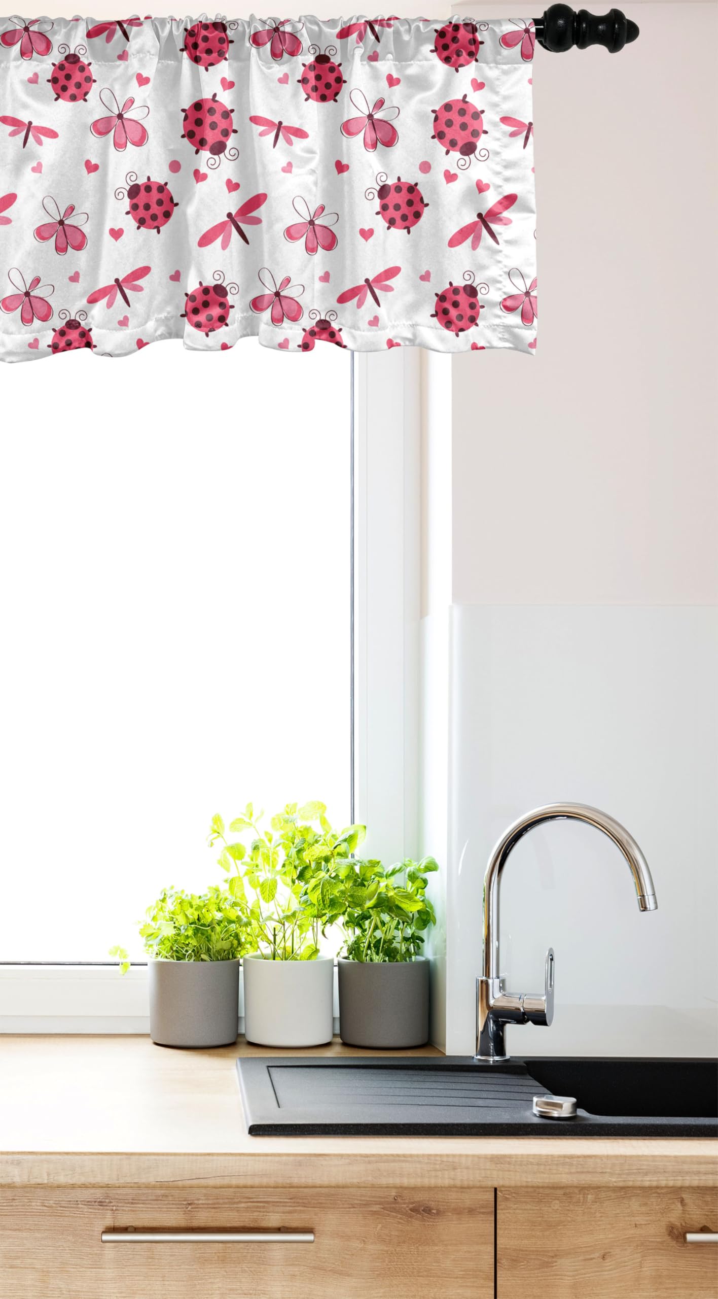 Ambesonne Ladybugs Window Valance Set of 2 - Romantic Round Ladybug Design with Hearts, Flowers & Dragonflies - Rod Pocket Kitchen & Bedroom Curtain Valances 54x12 Inches - White & Pink - Perfect for Farmhouse Decor & Nursery Windows