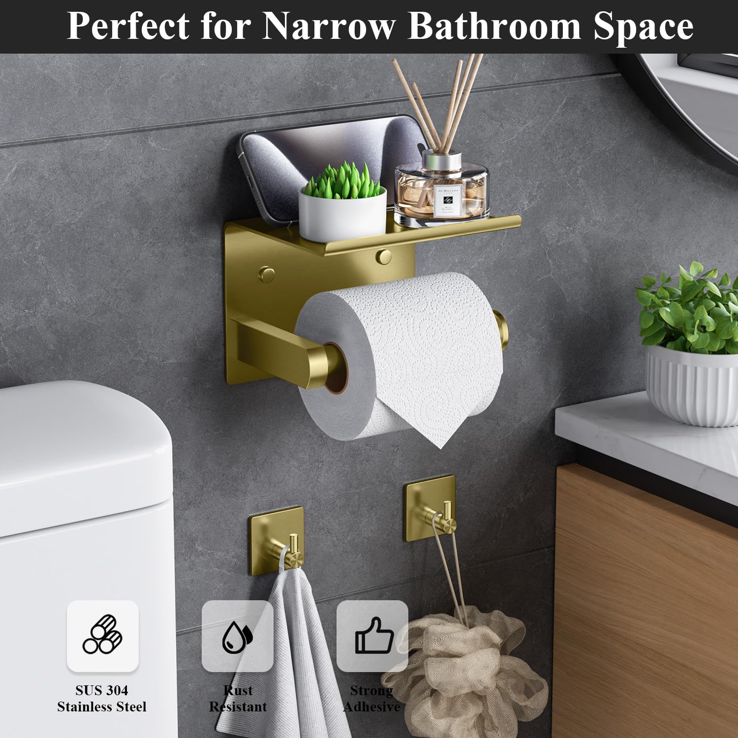 Tindbea Wall Mounted Toilet Paper Holder with Phone Shelf & Towel Hooks - Stainless Steel Bathroom Tissue Roll Dispenser (Brushed Gold) - Adhesive or Screw Installation for Bathroom, Kitchen, RV & Office Organization